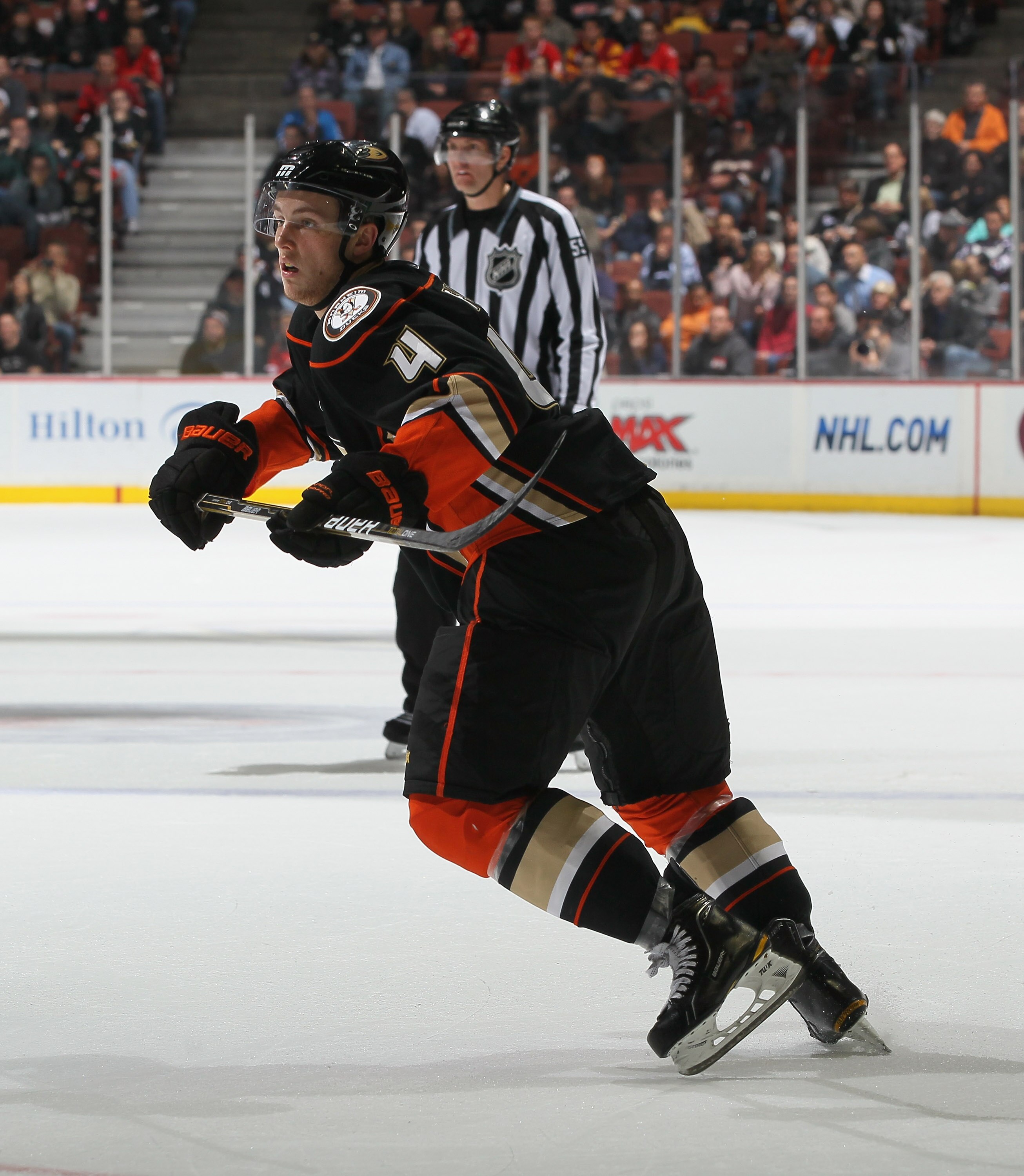ANAHEIM, CA - DECEMBER 10:  Cam Fowler #4 of the Anaheim Ducks skates against the Calgary Flames at the Honda Center on December 10, 2010 in Anaheim, California.  (Photo by Jeff Gross/Getty Images)