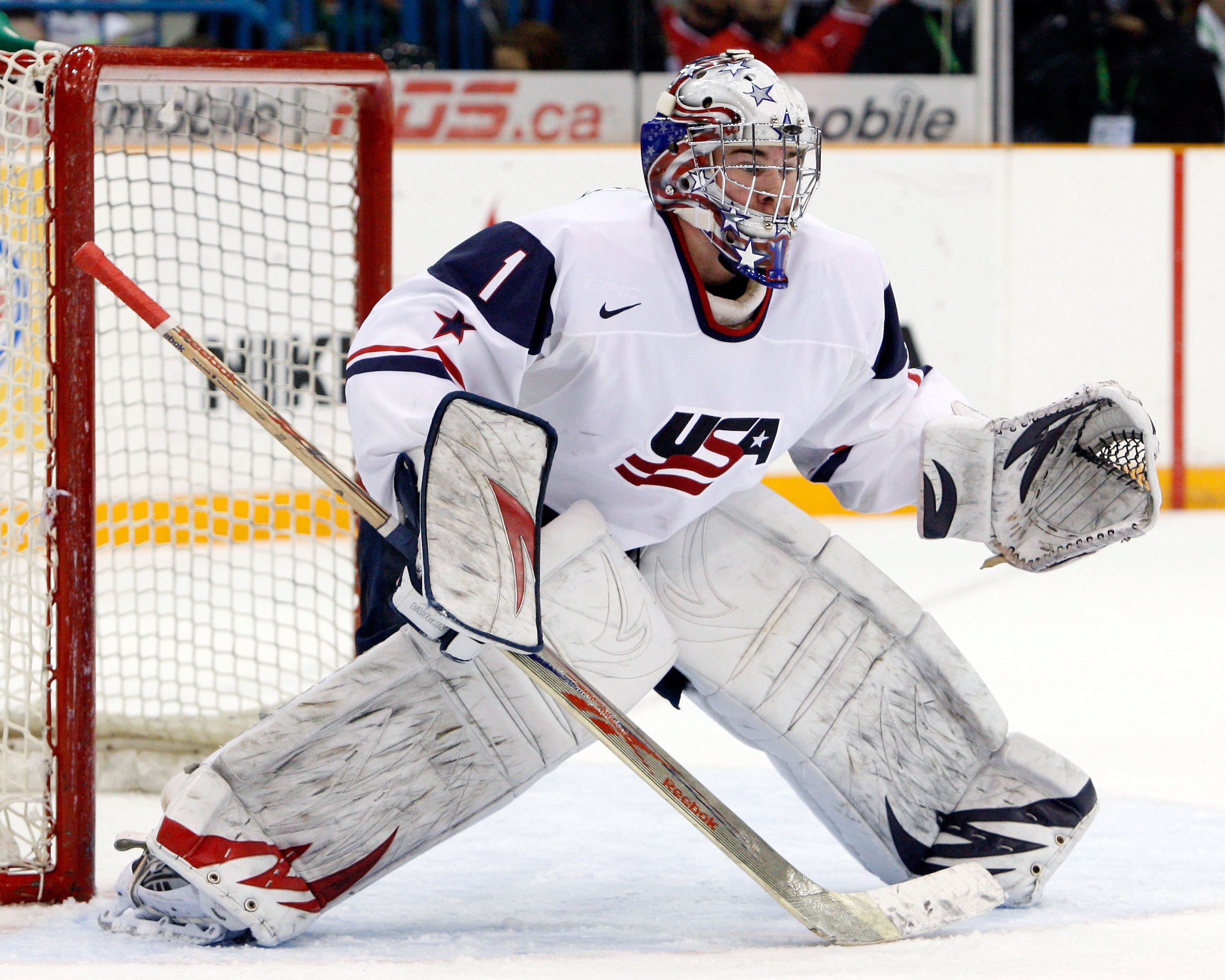 SASKATOON, SK - JANUARY 5:  Jack Campbell #1 of Team USA watches play during the 2010 IIHF World Junior Championship Tournament Gold Medal game against Team Canada on January 5, 2010 at the Credit Union Centre in Saskatoon, Saskatchewan, Canada.  Team USA