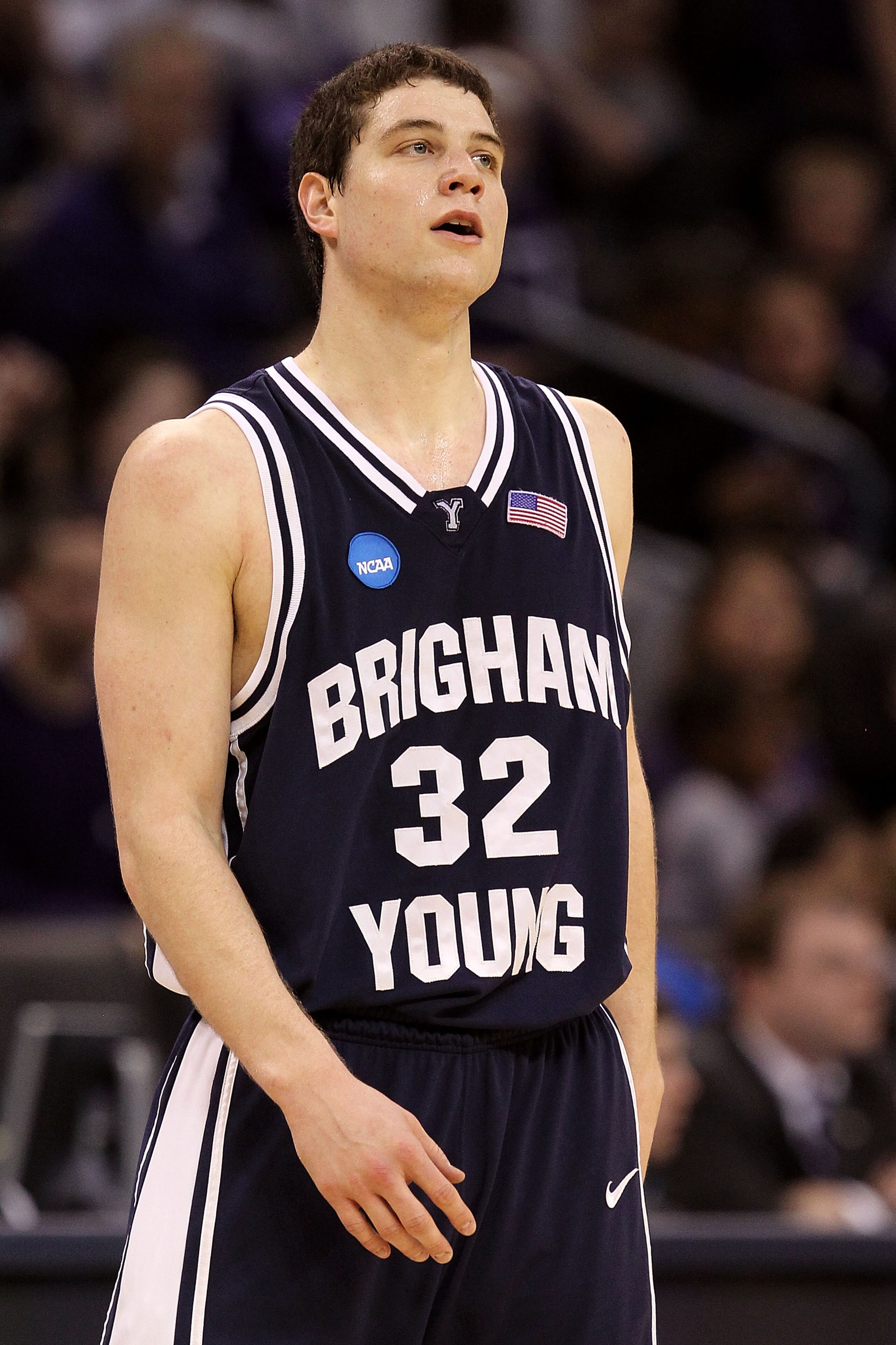 OKLAHOMA CITY - MARCH 20:  Jimmer Fredette #32 of the Brigham Young Cougars looks on against the Kansas State Wildcats during the second round of the 2010 NCAA men's basketball tournament at Ford Center on March 20, 2010 in Oklahoma City, Oklahoma.  (Phot