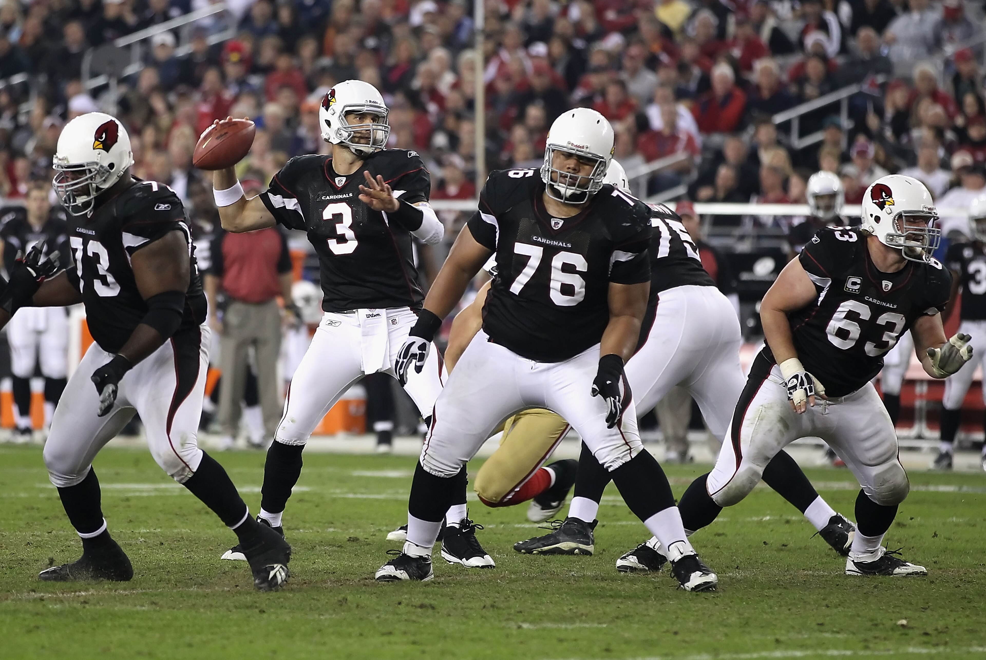 GLENDALE, AZ - NOVEMBER 29: Quarterback Derek Anderson #3 of the Arizona Cardinals drops back to pass during the NFL game against the San Francisco 49ers at the University of Phoenix Stadium on November 29, 2010 in Glendale, Arizona. The 49ers defeated GLENDALE, AZ - NOVEMBER 29: Quarterback Derek Anderson #3 of the Arizona Cardinals drops back to pass during the NFL game against the San Francisco 49ers at the University of Phoenix Stadium on November 29, 2010 in Glendale, Arizona. The 49ers defeated