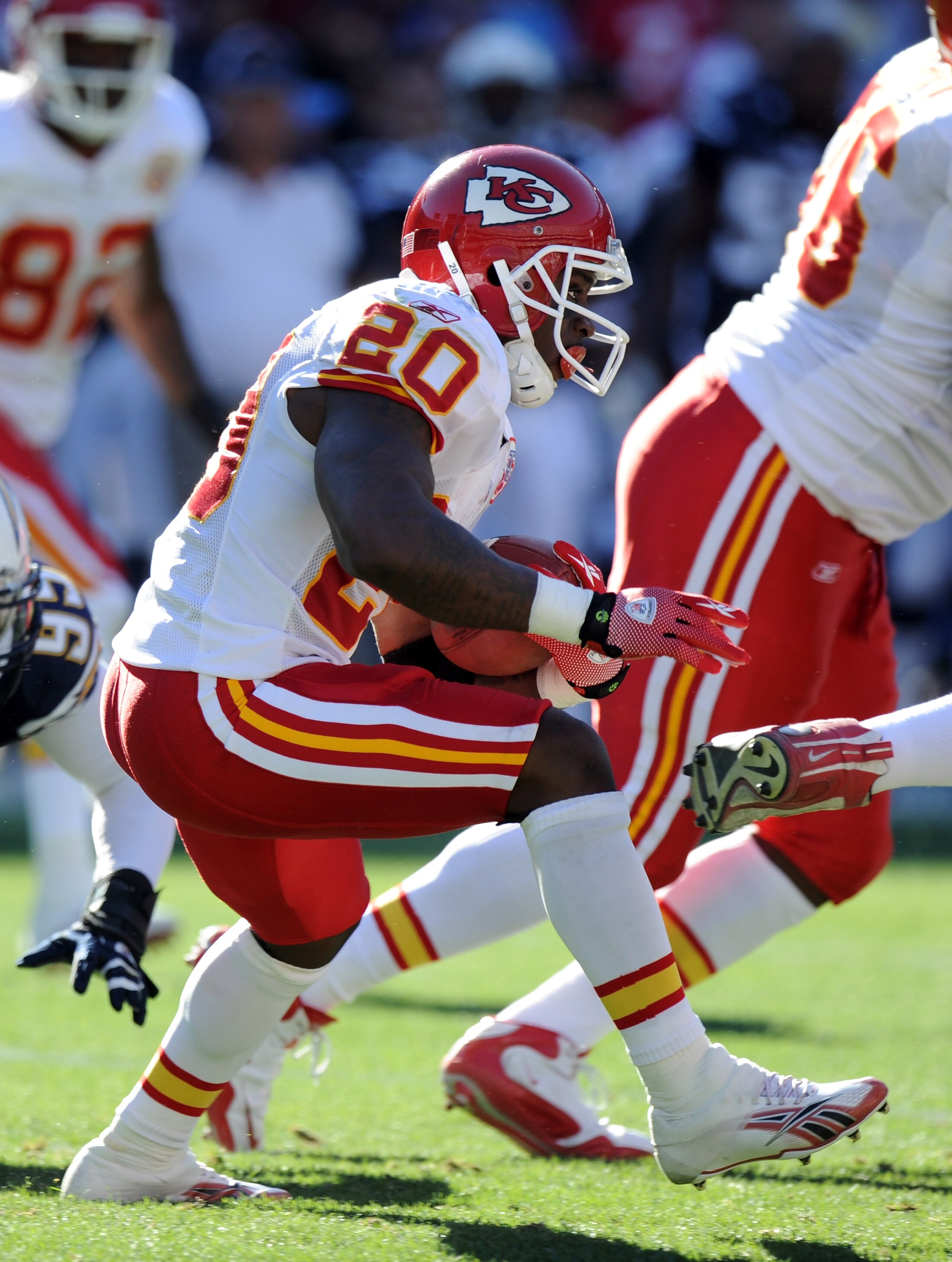 SAN DIEGO, CA - DECEMBER 12:  Thomas Jones #20 of the Kansas City Chiefs carries the ball against the San Diego Chargers at Qualcomm Stadium on December 12, 2010 in San Diego, California.  (Photo by Harry How/Getty Images)