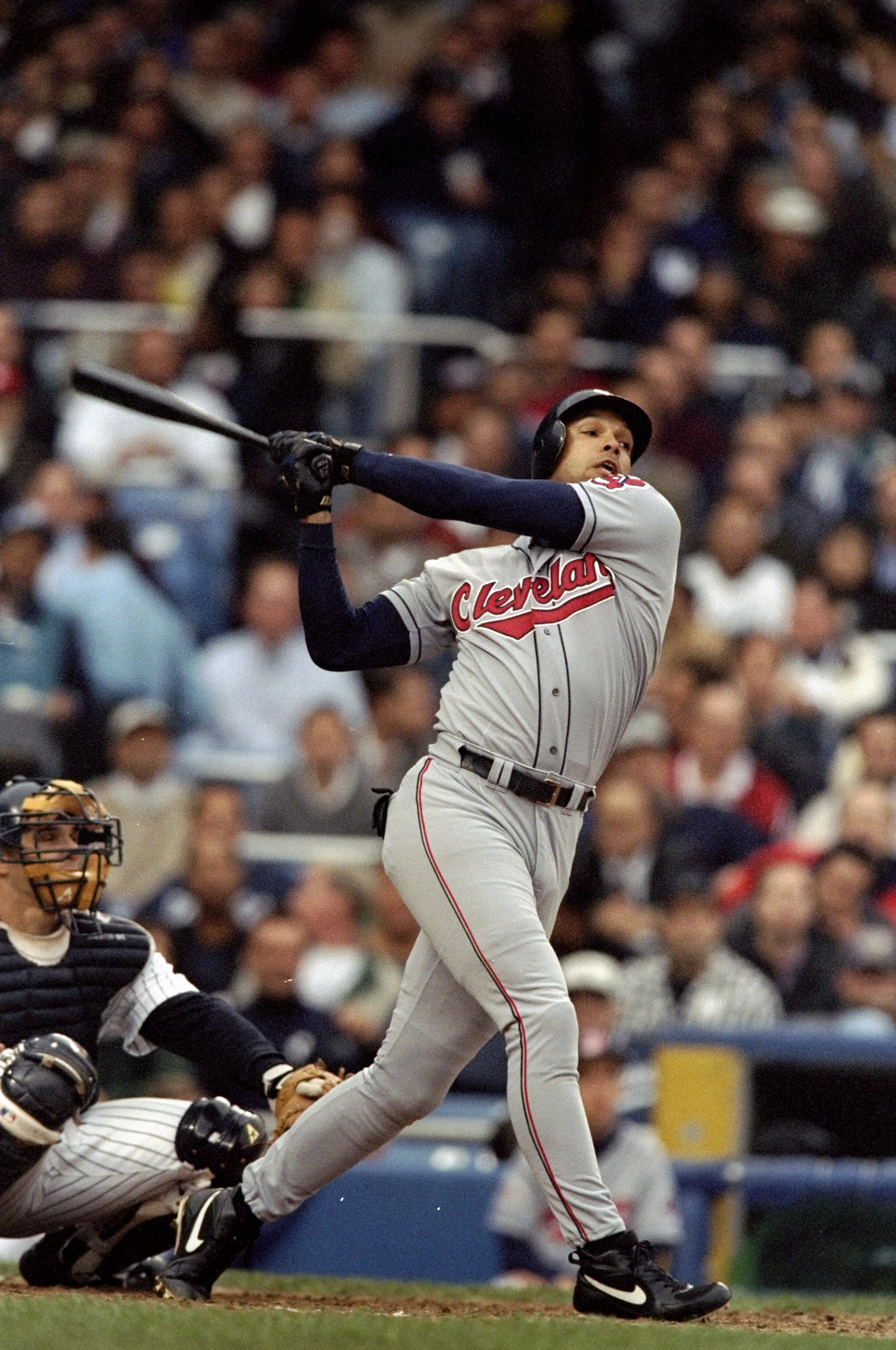 7 Oct 1998:  Outfielder David Justice #23 of the Cleveland Indians hits a home run during the American League Championship Series game against the New York Yankees at the Yankee Stadium in the Bronx, New York. The Indians defeated the Yankees 4-1. Mandato
