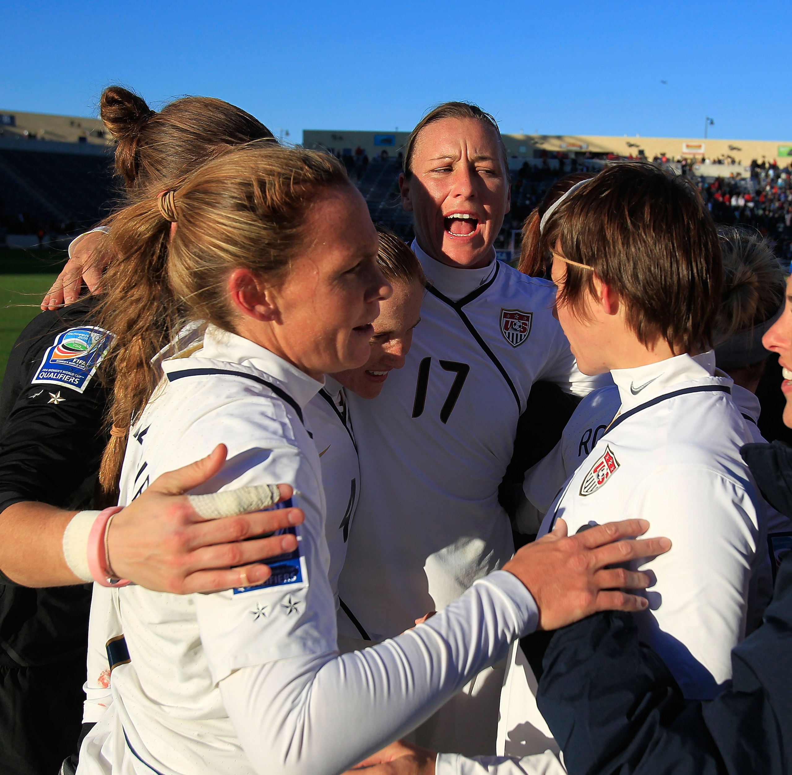 BRIDGEVIEW, IL - NOVEMBER 27: Members of the United States including (L-R) Christie Rampone #3, Nicole Barnhart #18, Rachel Buehler #4, Abby Wambach #17 and Amy LePeilbet #6 celebrate a win over Italy during a Women's World Cup Qualifying match at Toyota BRIDGEVIEW, IL - NOVEMBER 27: Members of the United States including (L-R) Christie Rampone #3, Nicole Barnhart #18, Rachel Buehler #4, Abby Wambach #17 and Amy LePeilbet #6 celebrate a win over Italy during a Women's World Cup Qualifying match at Toyota
