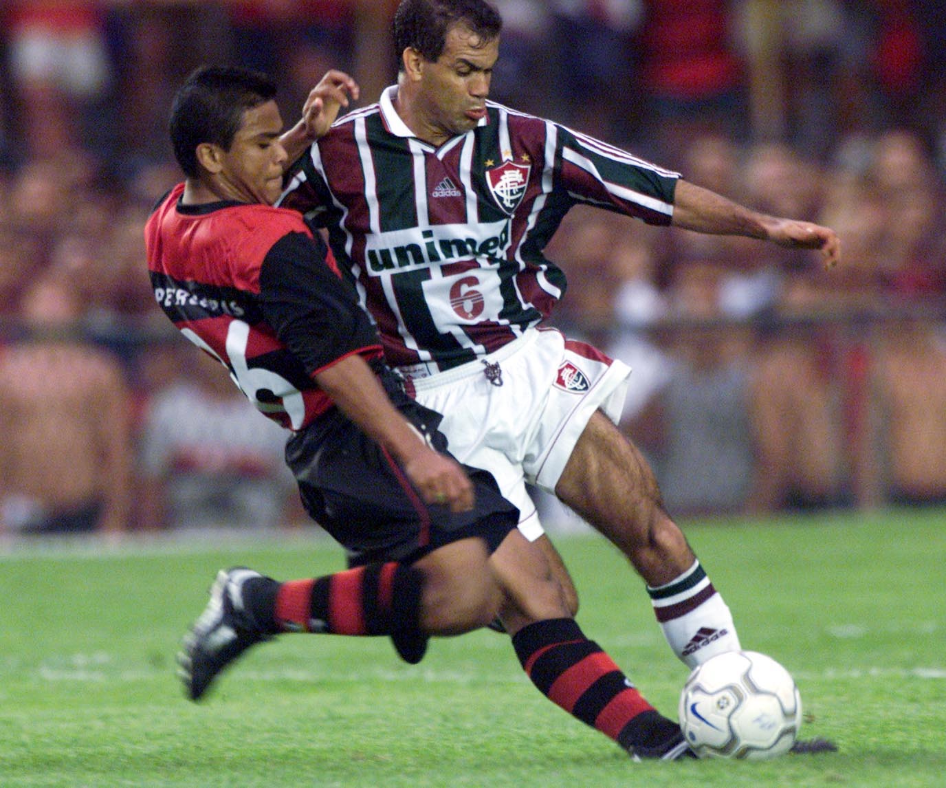 5 Nov 2000:  Roma (left) of Flamengo and Jorginho of Fluminense in action during the Havelange Cup (Brazil National Championship) match  between Flamengo and Fluminense played at the Maracan Stadium, Rio de Janeiro, Brazil. Mandatory Credit: Allsport UK/A
