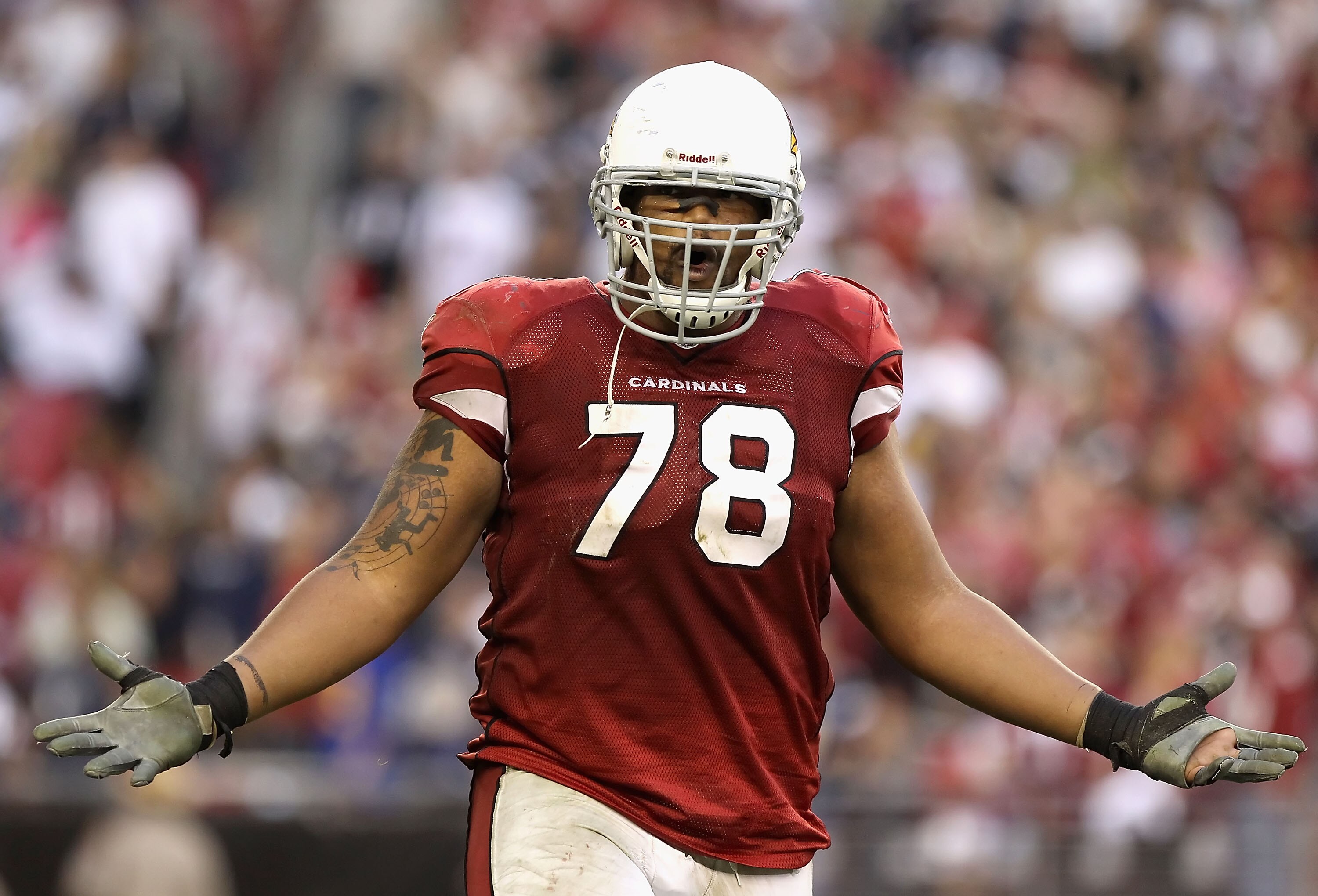 GLENDALE, AZ - DECEMBER 05:  Defensive tackle Alan Branch #78 of the Arizona Cardinals reacts after being called for a late hit against the St. Louis Rams during the NFL game at the University of Phoenix Stadium on December 5, 2010 in Glendale, Arizona. T