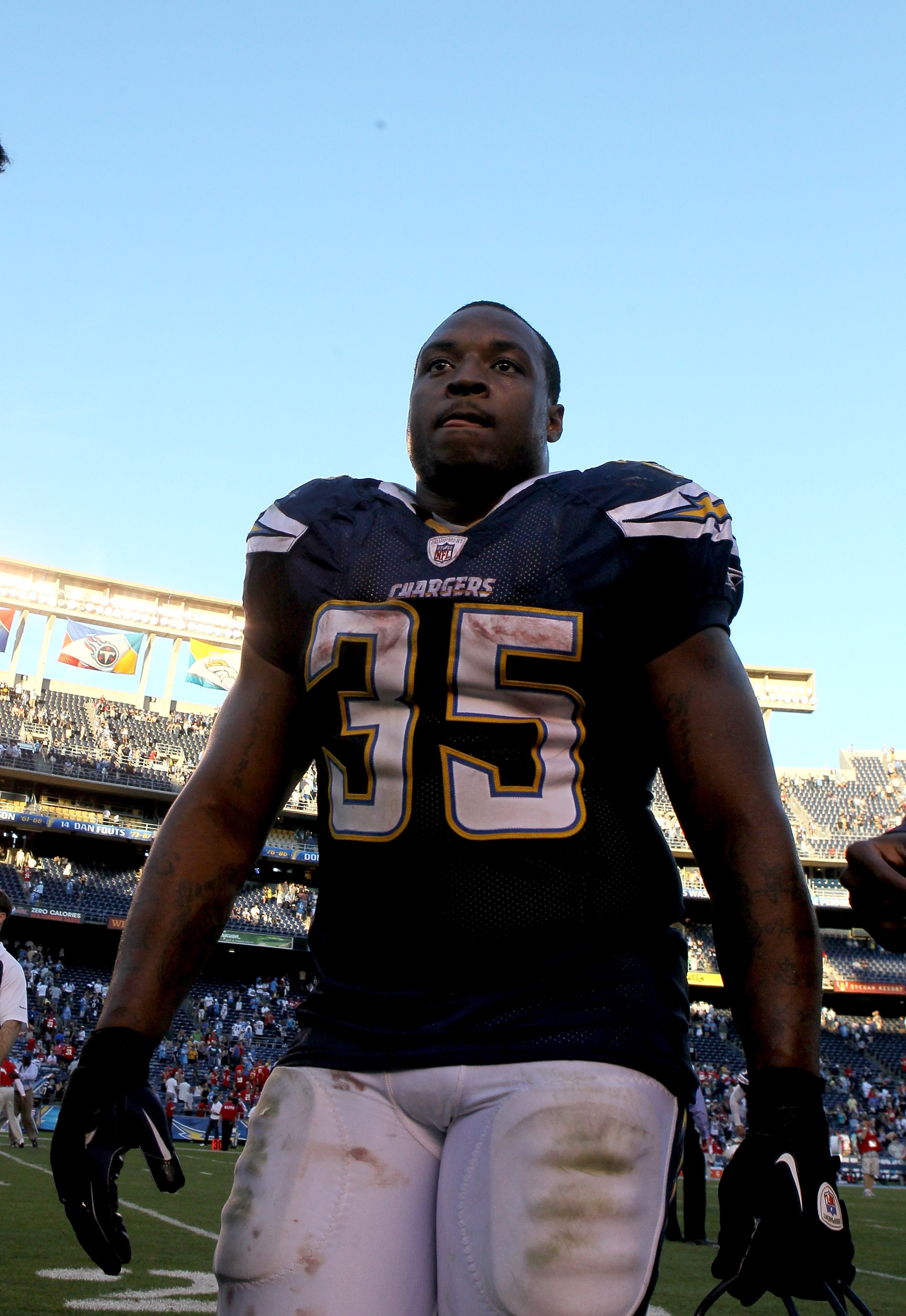 SAN DIEGO - DECEMBER 12:  Running back Mike Tolbert #35 of the San Diego Chargers leaves the field after the game with the Kansas City Chiefs at Qualcomm Stadium on December 12, 2010 in San Diego, California.  the Chargers won 31-0.  (Photo by Stephen Dun