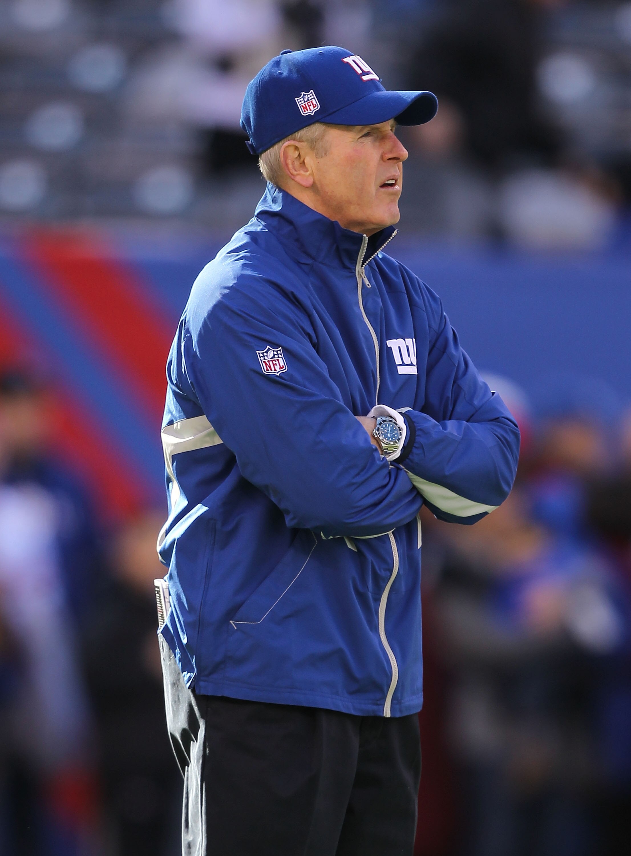 EAST RUTHERFORD, NJ - NOVEMBER 28:  New York Giants Head Coach Tom Coughlin looks on against the Jacksonville Jaguars on November 28, 2010 at The New Meadowlands Stadium in East Rutherford, New Jersey.  (Photo by Al Bello/Getty Images)