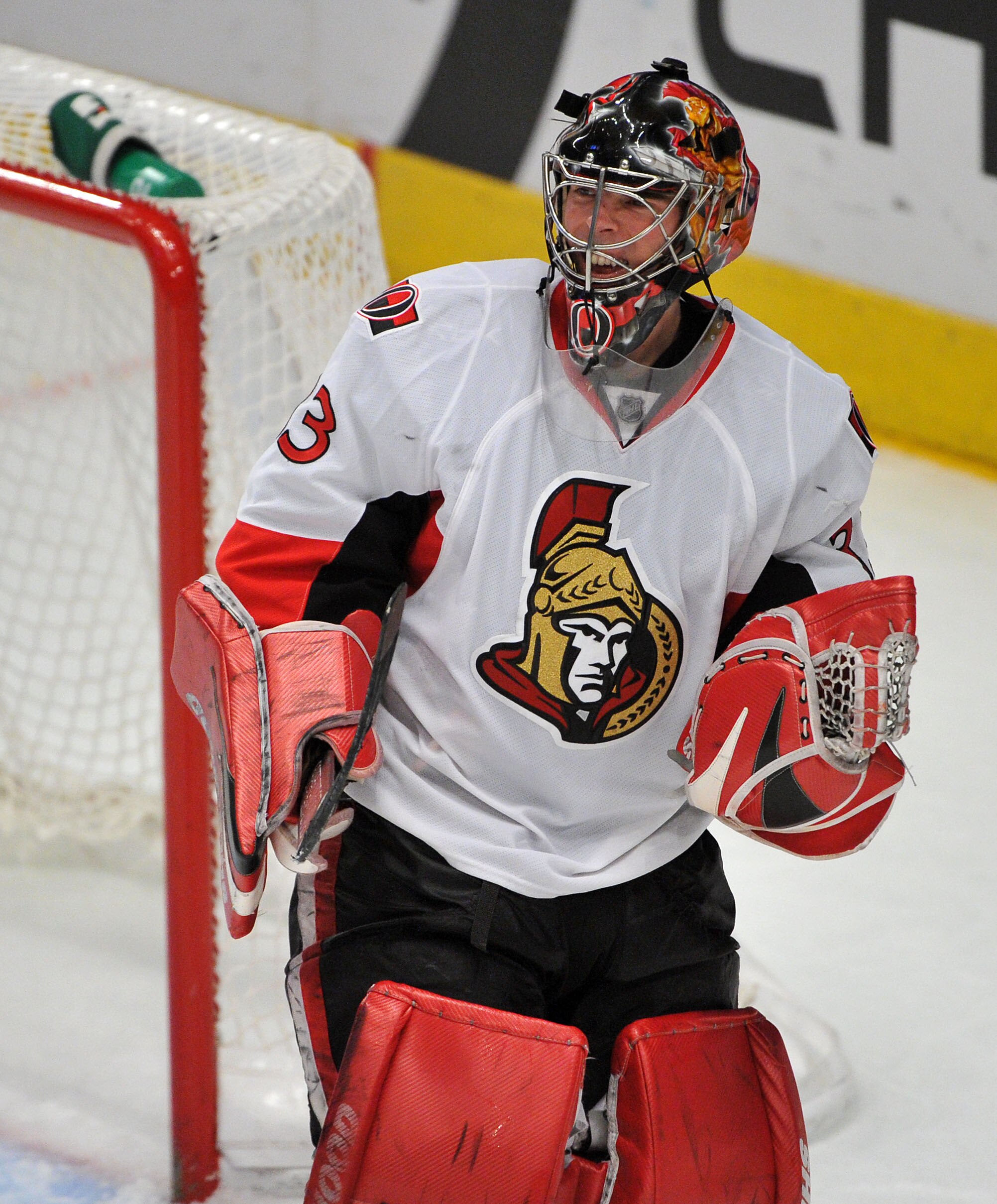 NEW YORK, NY - DECEMBER 5: Pascal Leclaire #33 of the Ottawa Senators  reacts after the Ottawa Senators defeated the New York Rangers 3-1 at Madison Square Garden on December 5, 2010 in New York City. (Photo by Christopher Pasatieri/Getty Images)
