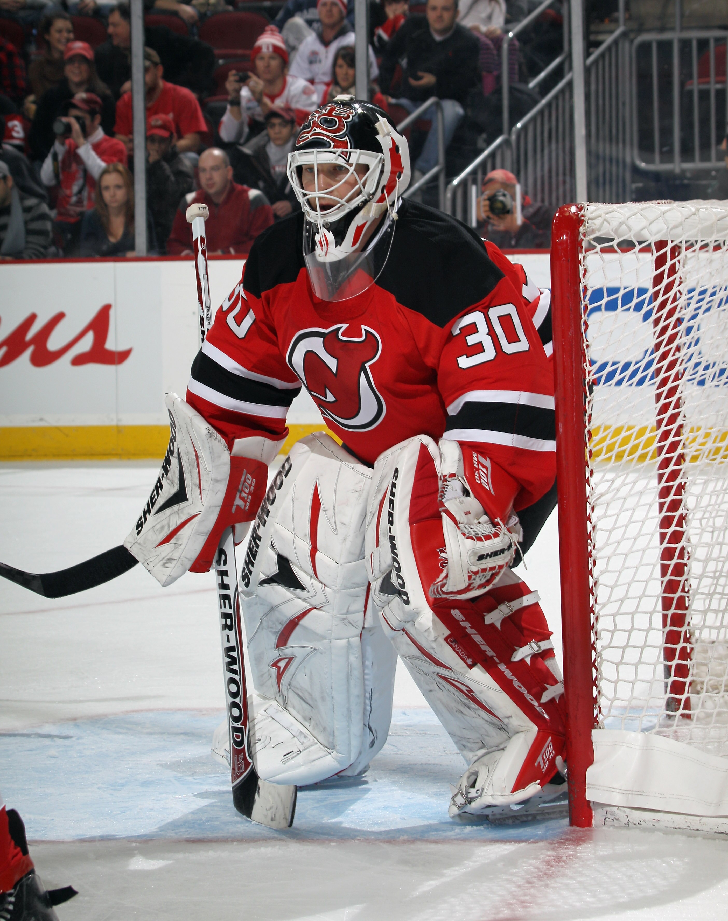 NEWARK, NJ - DECEMBER 11:  Martin Brodeur #30 of the New Jersey Devils tends net against the Detroit Red Wings at the Prudential Center on December 11, 2010 in Newark, New Jersey. The Red Wings defeated the the Devils 4-1.  (Photo by Bruce Bennett/Getty I