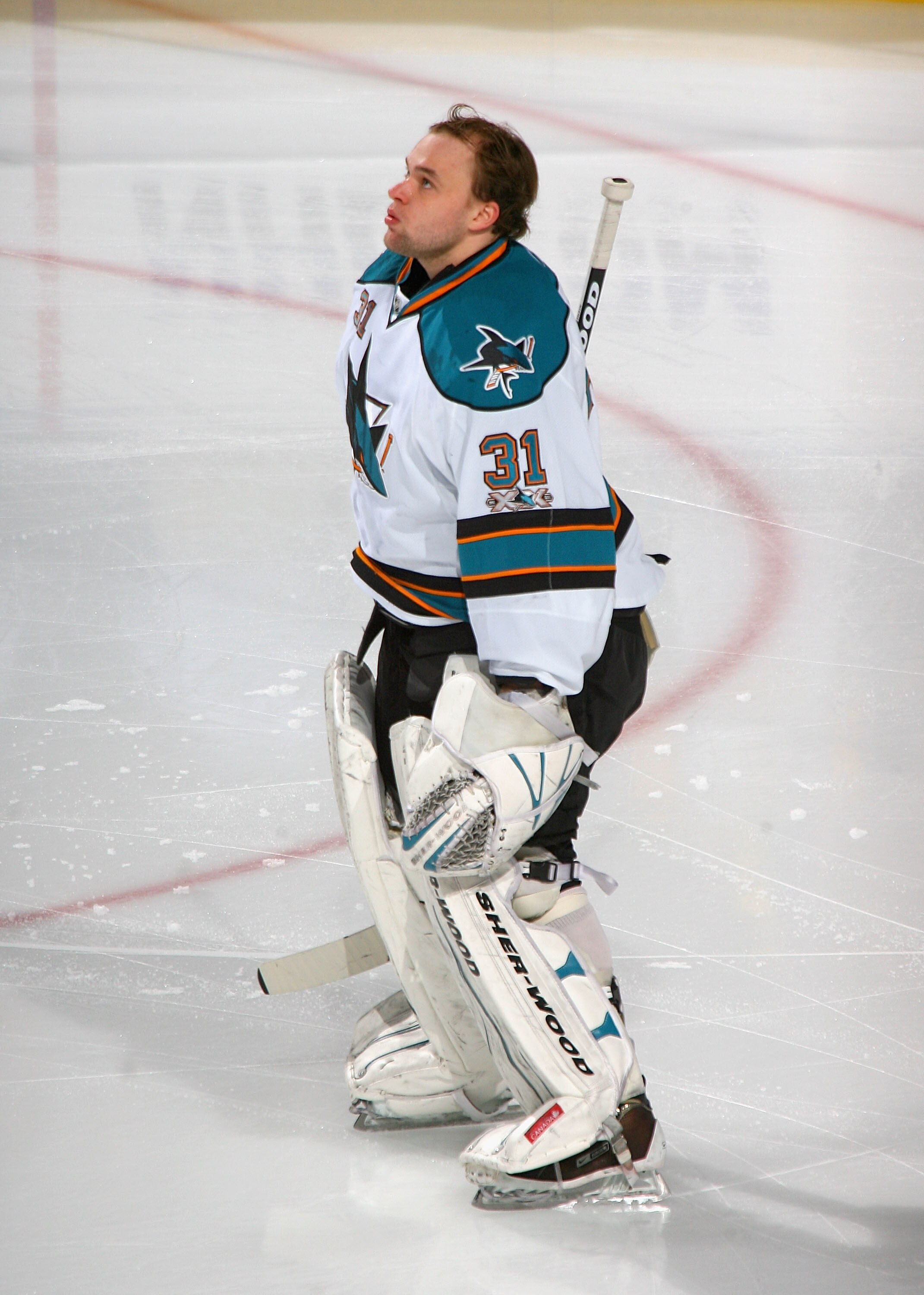 BUFFALO, NY - DECEMBER 09: Antti Niemi #31 of the San Jose Sharks stands for the National Anthems prior to playing the Buffalo Sabres  at HSBC Arena on December 9, 2010 in Buffalo, New York.  (Photo by Rick Stewart/Getty Images)