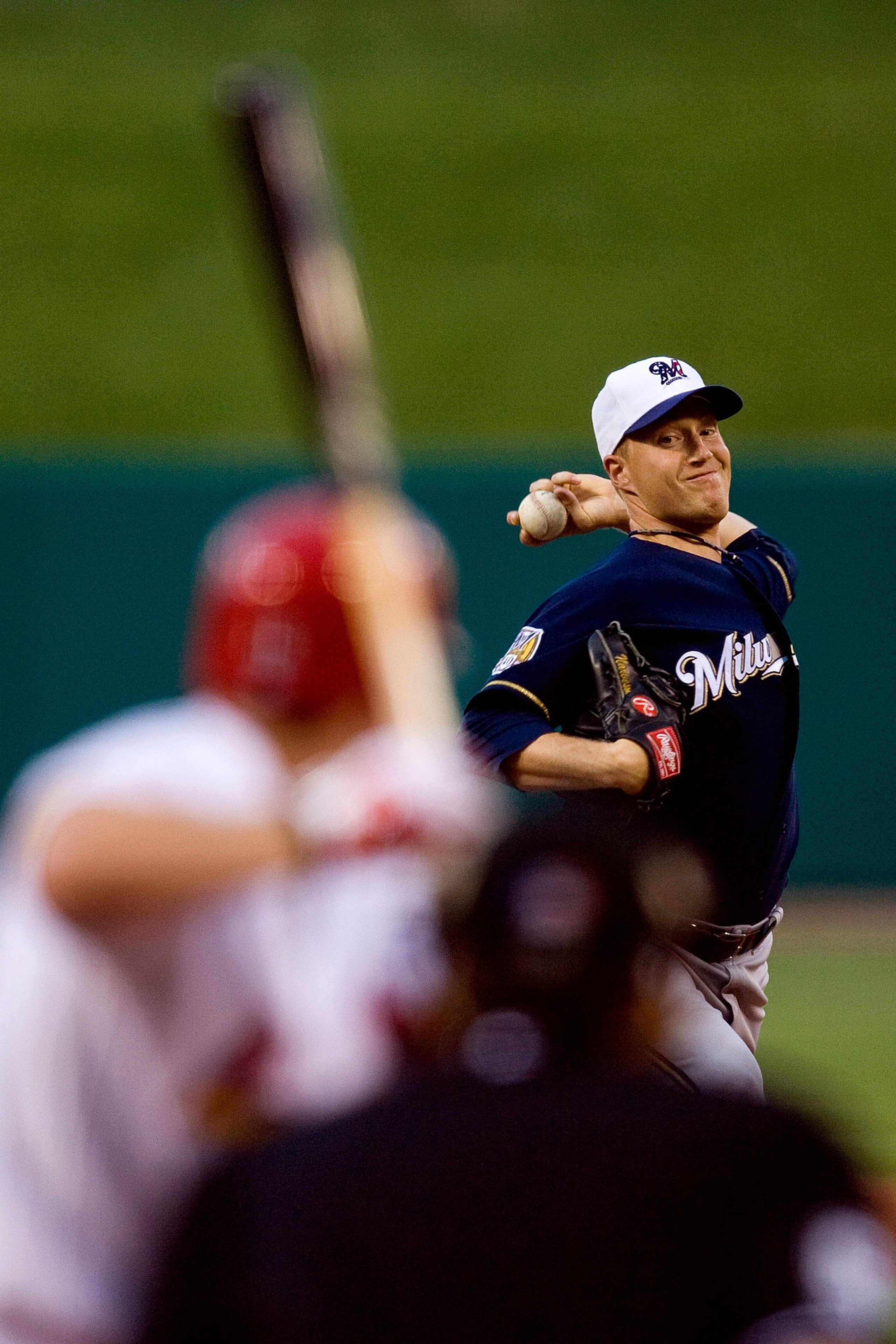ST. LOUIS - JULY 2: Starting pitcher Chris Narveson #38 of the Milwaukee Brewers throws against the St. Louis Cardinals at Busch Stadium on July 2, 2010 in St. Louis, Missouri.  (Photo by Dilip Vishwanat/Getty Images)