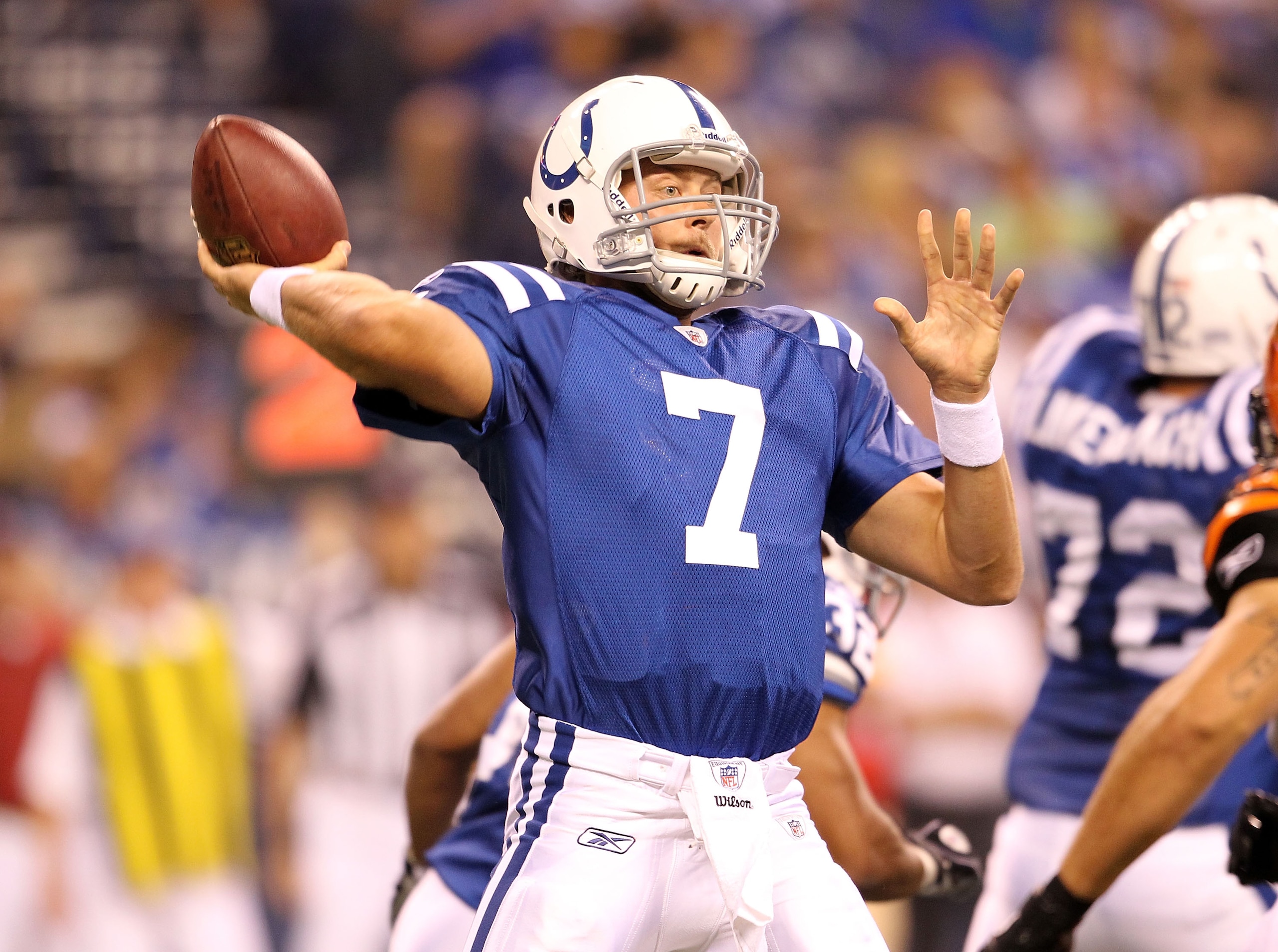 INDIANAPOLIS - SEPTEMBER 02:  Curtis Painter #7 of the Indianapolis Colts throws a pass against the Cincinnati Bengals during the NFL preseason game at Lucas Oil Stadium on September 2, 2010 in Indianapolis, Indiana.  (Photo by Andy Lyons/Getty Images)