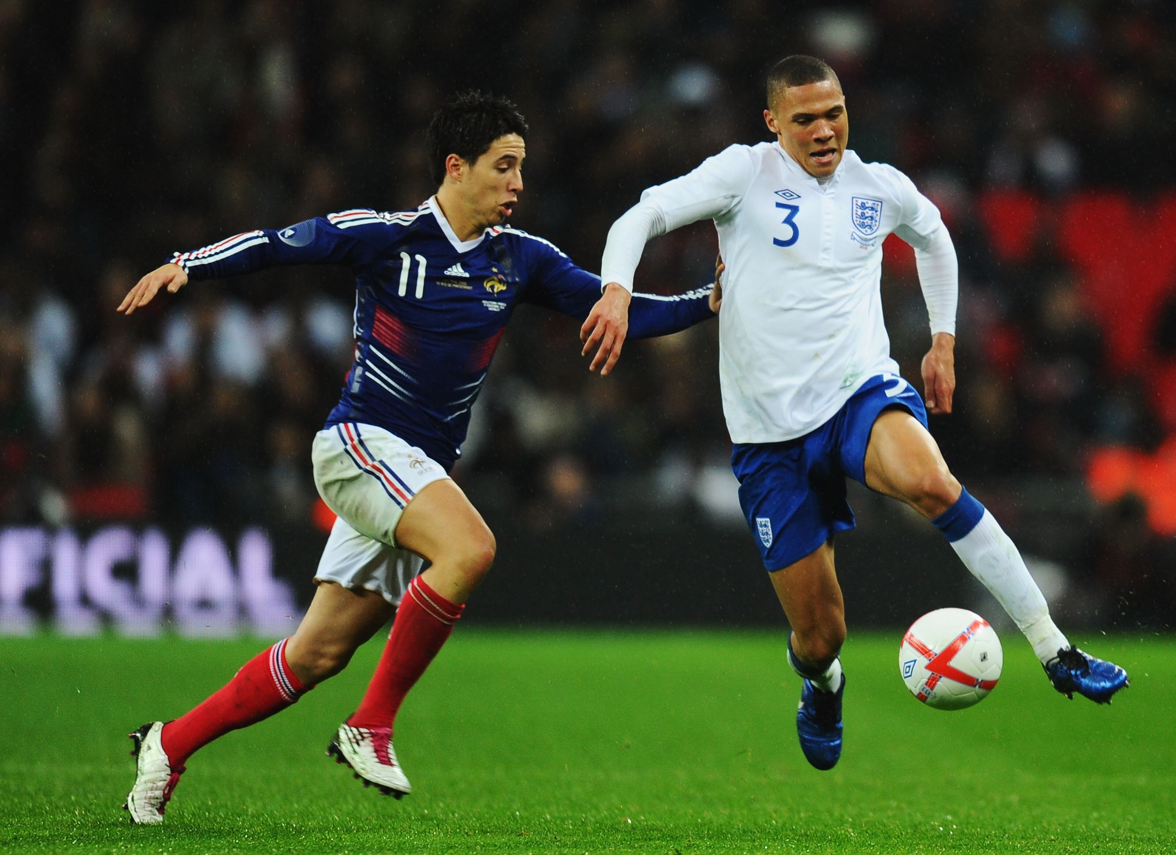 LONDON, ENGLAND - NOVEMBER 17: Kieran Gibbs of England evades Samir Nasri of France during the international friendly match between England and France at Wembley Stadium on November 17, 2010 in London, England. (Photo by Mike Hewitt/Getty Images) LONDON, ENGLAND - NOVEMBER 17: Kieran Gibbs of England evades Samir Nasri of France during the international friendly match between England and France at Wembley Stadium on November 17, 2010 in London, England. (Photo by Mike Hewitt/Getty Images)