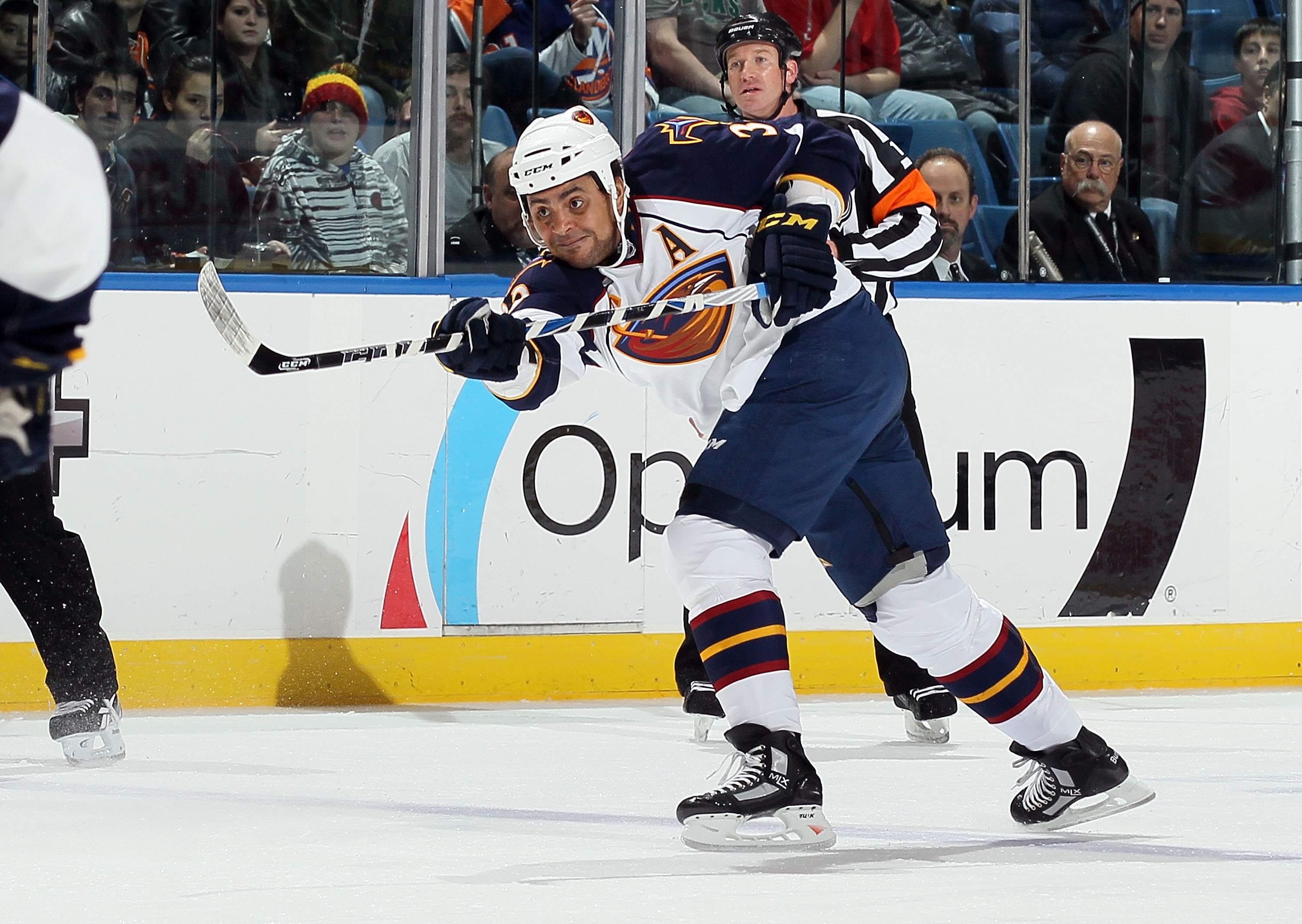 UNIONDALE, NY - DECEMBER 11:  Dustin Byfuglien #33 of the Atlanta Thrashers skates against the New York Islanders on December 11, 2010 at Nassau Coliseum in Uniondale, New York. The Thrashers defeated the Isles 5-4.  (Photo by Jim McIsaac/Getty Images)
