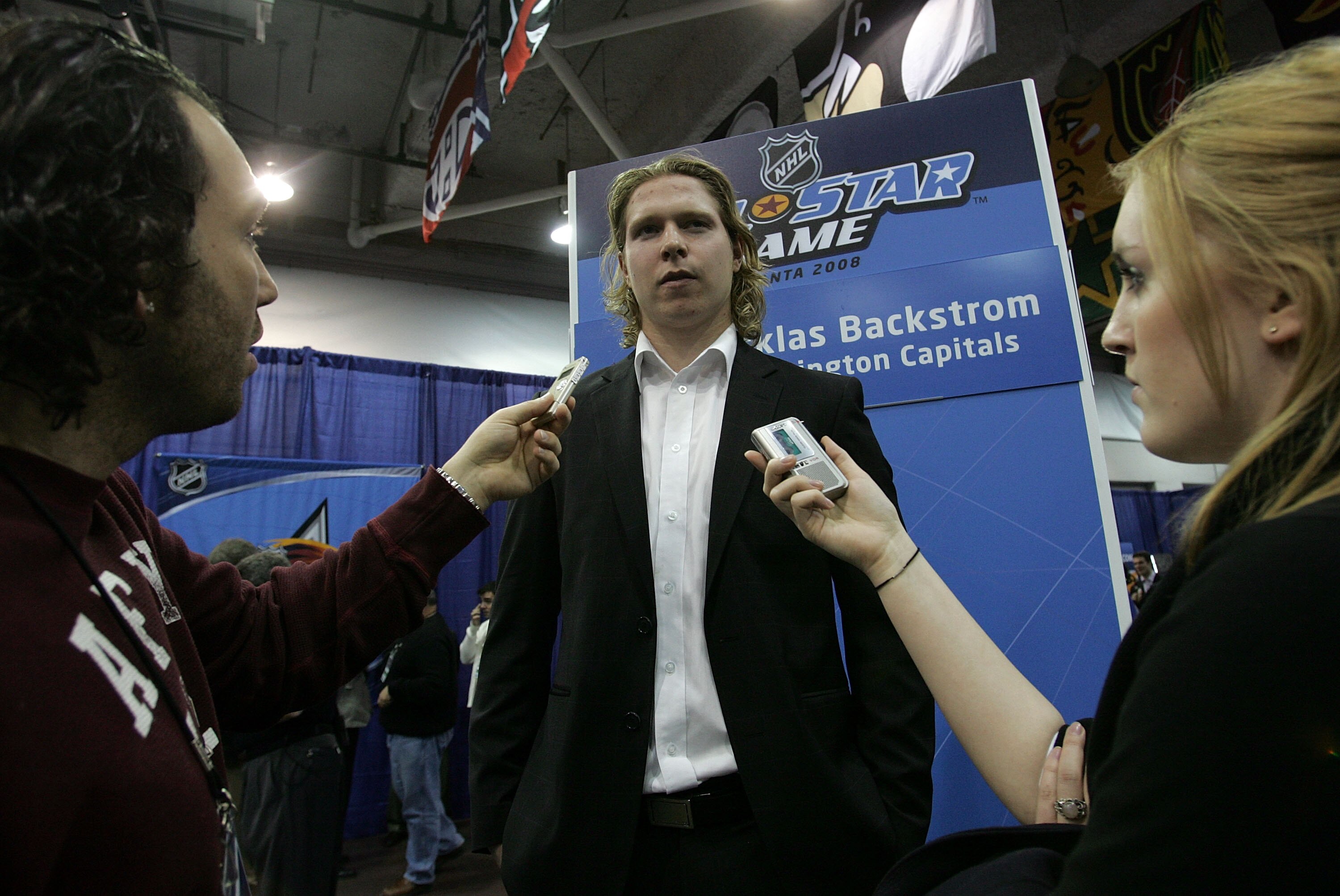 ATLANTA - JANUARY 25:  Eastern Conference Youngstar Nicklas Backstrom of the Washington Capitals answers questions during the Coaches and Youngstars Media Availability as part of the 2008 NHL All-Star weekend at Philips Arena on January 25, 2008 in Atlant