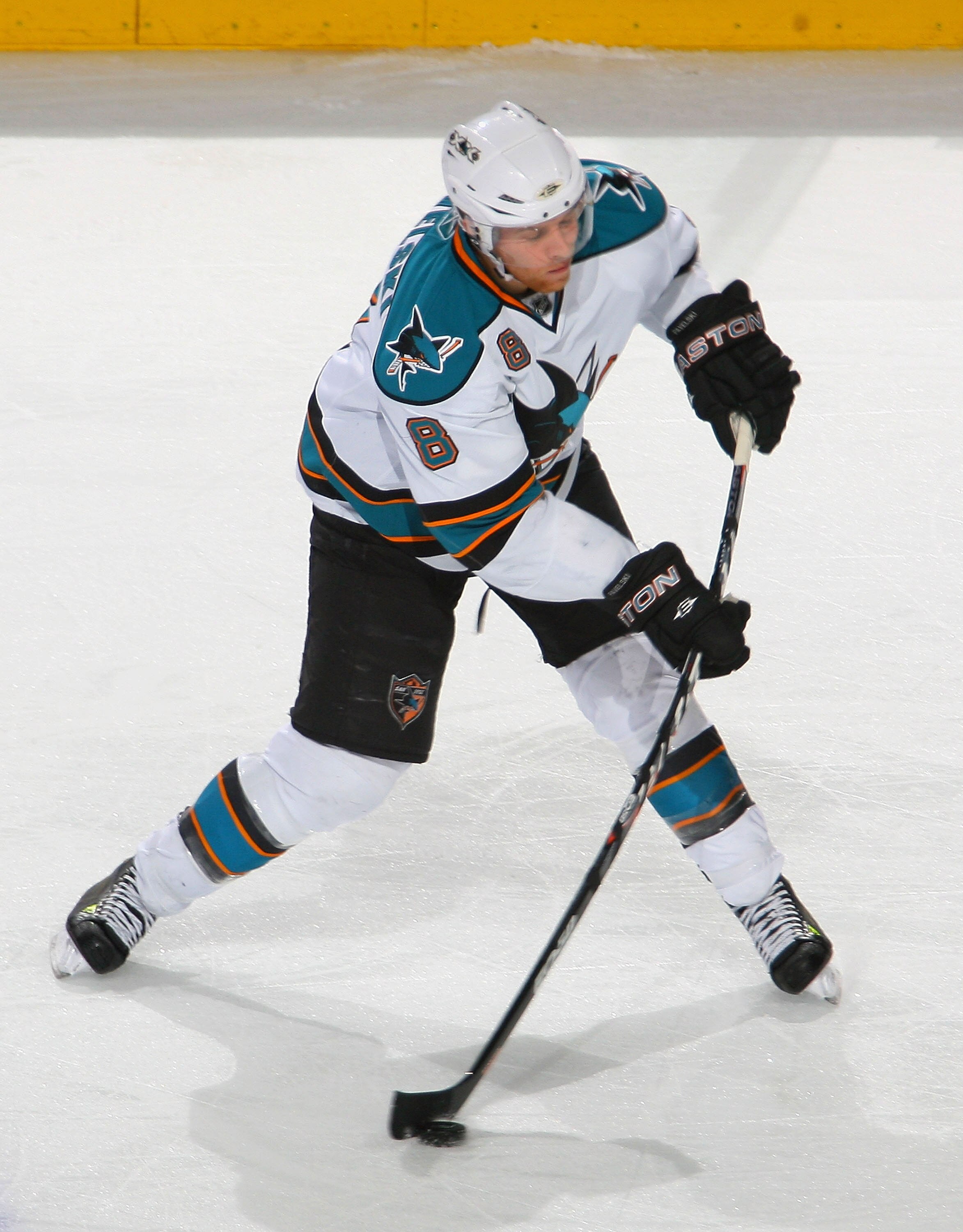 BUFFALO, NY - DECEMBER 09: Joe Pavelski #8 of the San Jose Sharks shoots against the Buffalo Sabres  at HSBC Arena on December 9, 2010 in Buffalo, New York. Buffalo won 6-3.  (Photo by Rick Stewart/Getty Images)