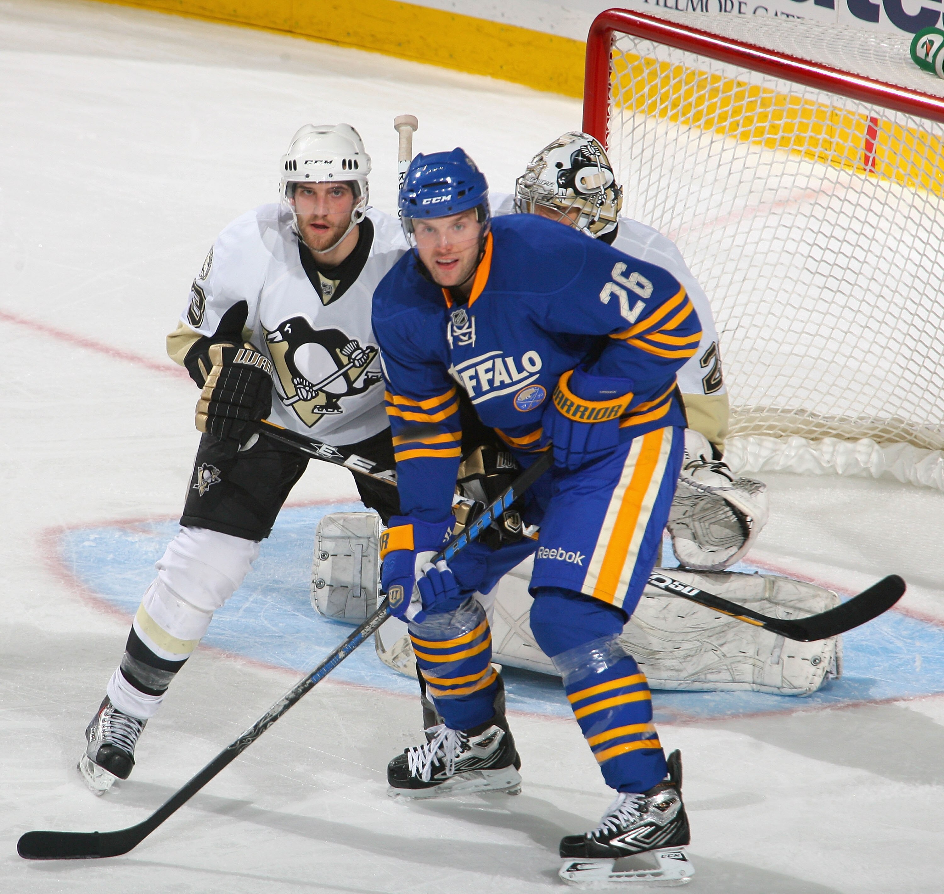 BUFFALO, NY - DECEMBER 11:  Alex Goligoski #3 of the Pittsburgh Penguins defends against Thomas Vanek #26 of the Buffalo Sabres  at HSBC Arena on December 11, 2010 in Buffalo, New York. Pittsburgh won 5-2.  (Photo by Rick Stewart/Getty Images)