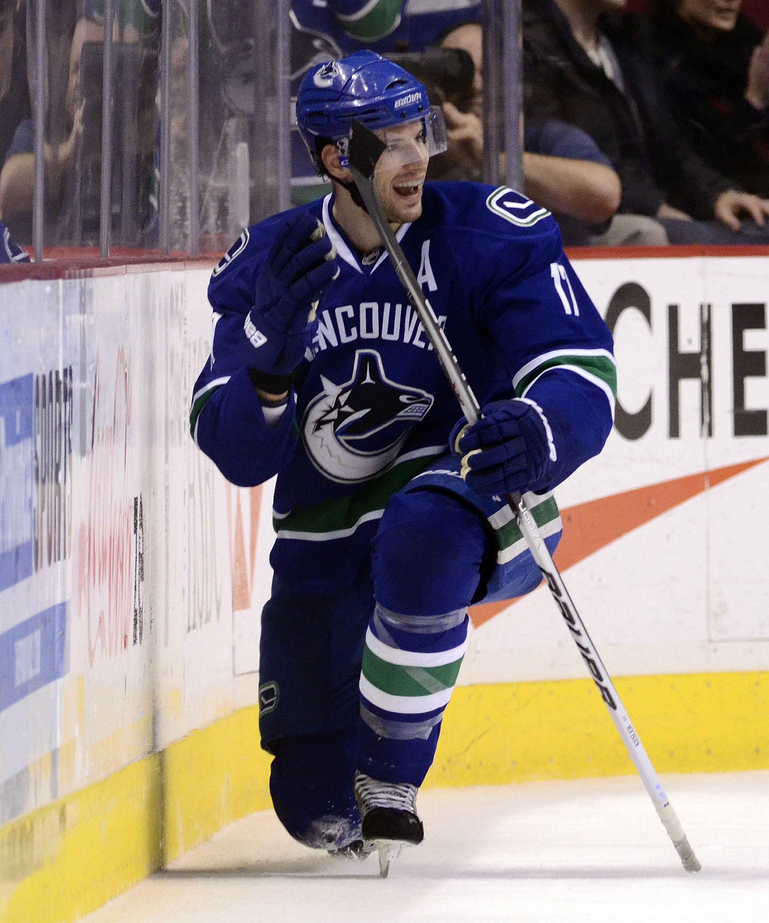 VANCOUVER, CANADA - DECEMBER 15: Ryan Kesler #17 of the Vancouver Canucks celebrates after scoring against the Columbus Blue Jackets during the first period in NHL action on December 15, 2010 at Rogers Arena in Vancouver, BC, Canada.  (Photo by Rich Lam/G