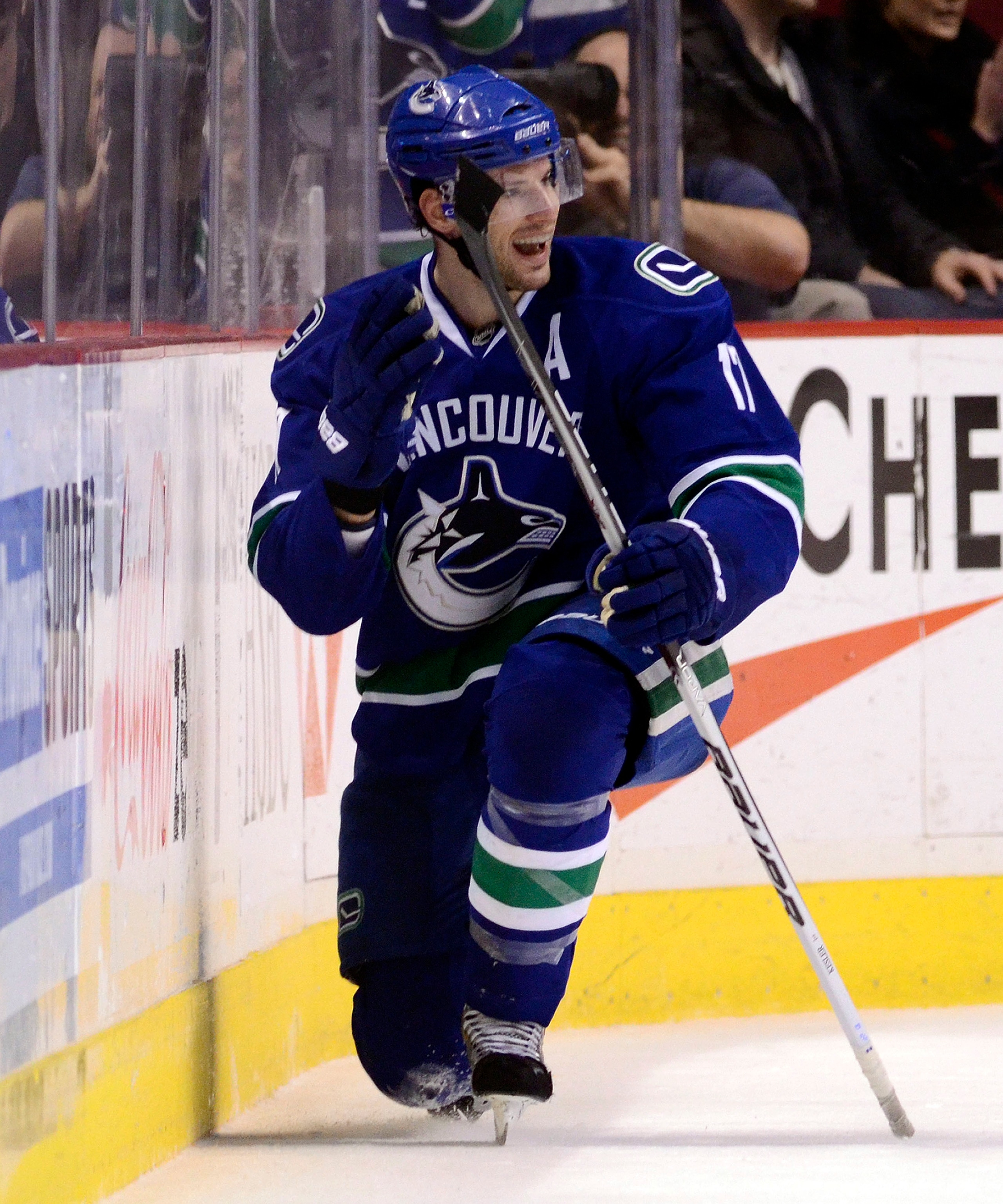 VANCOUVER, CANADA - DECEMBER 15: Ryan Kesler #17 of the Vancouver Canucks celebrates after scoring against the Columbus Blue Jackets during the first period in NHL action on December 15, 2010 at Rogers Arena in Vancouver, BC, Canada.  (Photo by Rich Lam/G