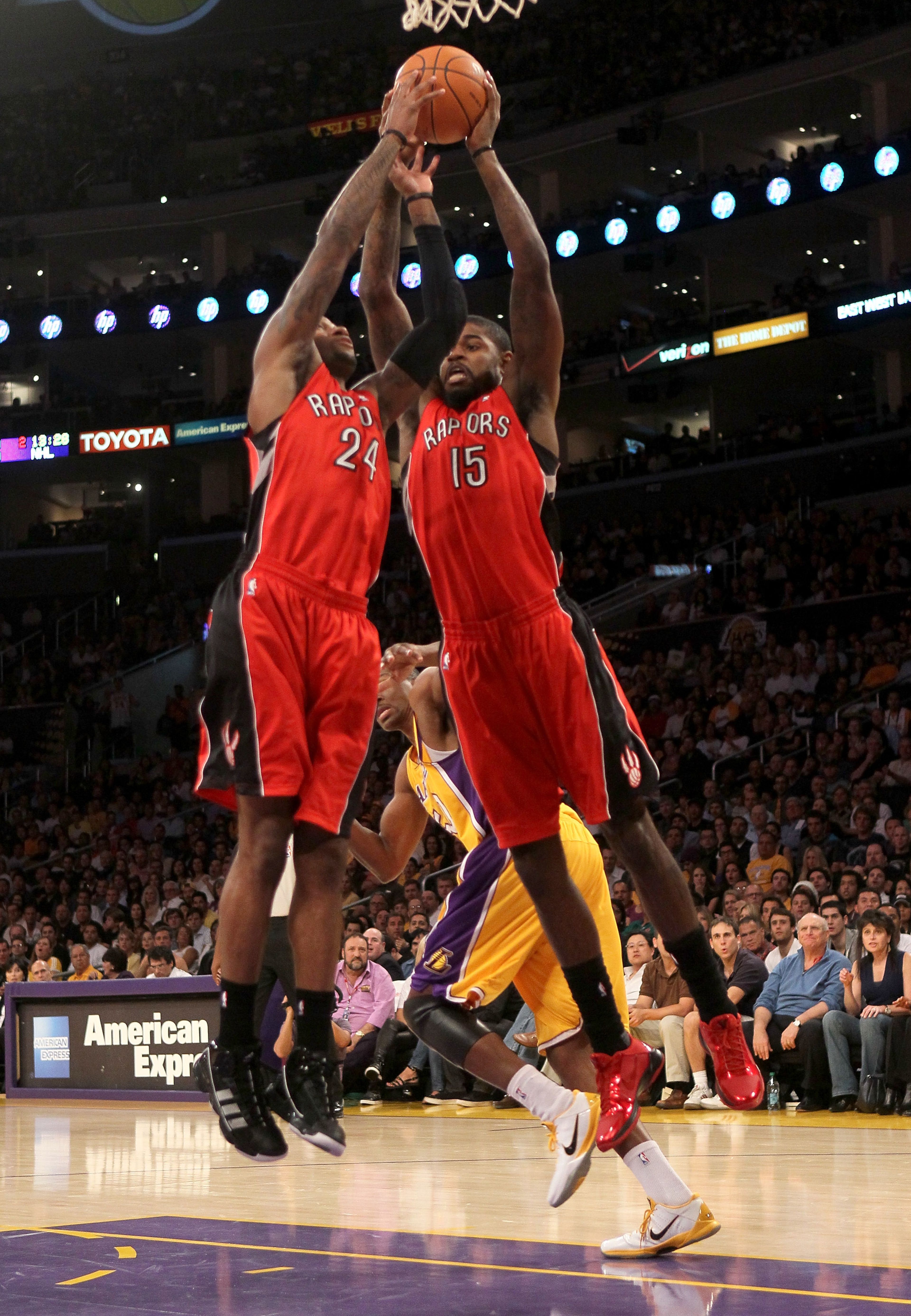 LOS ANGELES, CA - NOVEMBER 05: Amir Johnson #15 and Sonny Weems #24 of the Toronto Raptors go up for a rebound against the Los Angeles Lakers at Staples Center on November 5, 2010 in Los Angeles, California. The Lakers won 108-102. NOTE TO USER: User LOS ANGELES, CA - NOVEMBER 05: Amir Johnson #15 and Sonny Weems #24 of the Toronto Raptors go up for a rebound against the Los Angeles Lakers at Staples Center on November 5, 2010 in Los Angeles, California. The Lakers won 108-102. NOTE TO USER: User