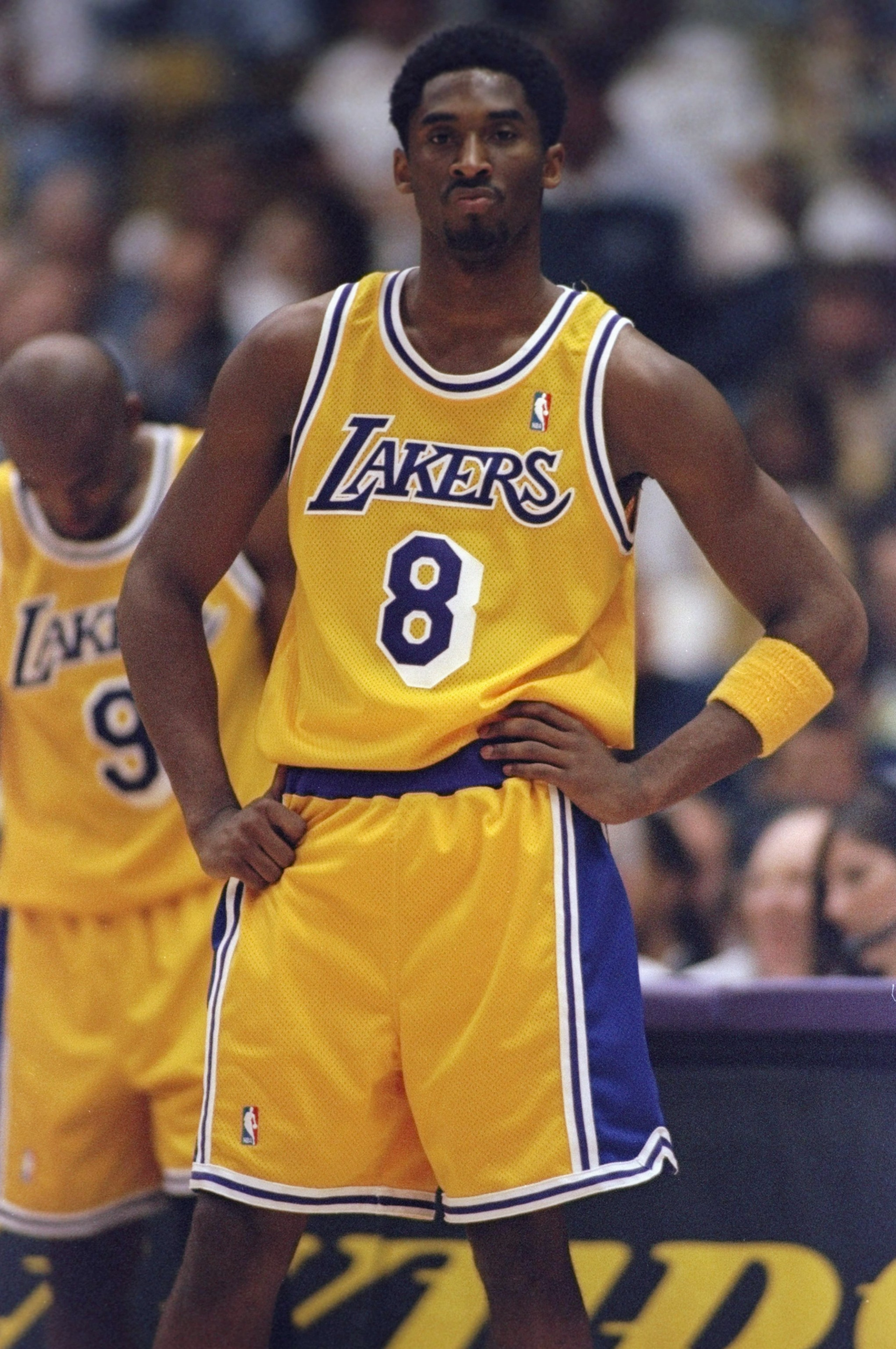 24 May, 1998:  Kobe Bryant #8 of the Los Angeles Lakers stands on court during the NBA Western Conference Finals against the Utah Jazz at the Great Western Forum in Inglewood, California.  The Jazz defeated the Lakers 96-92. Mandatory Credit: Jed Jacobsoh