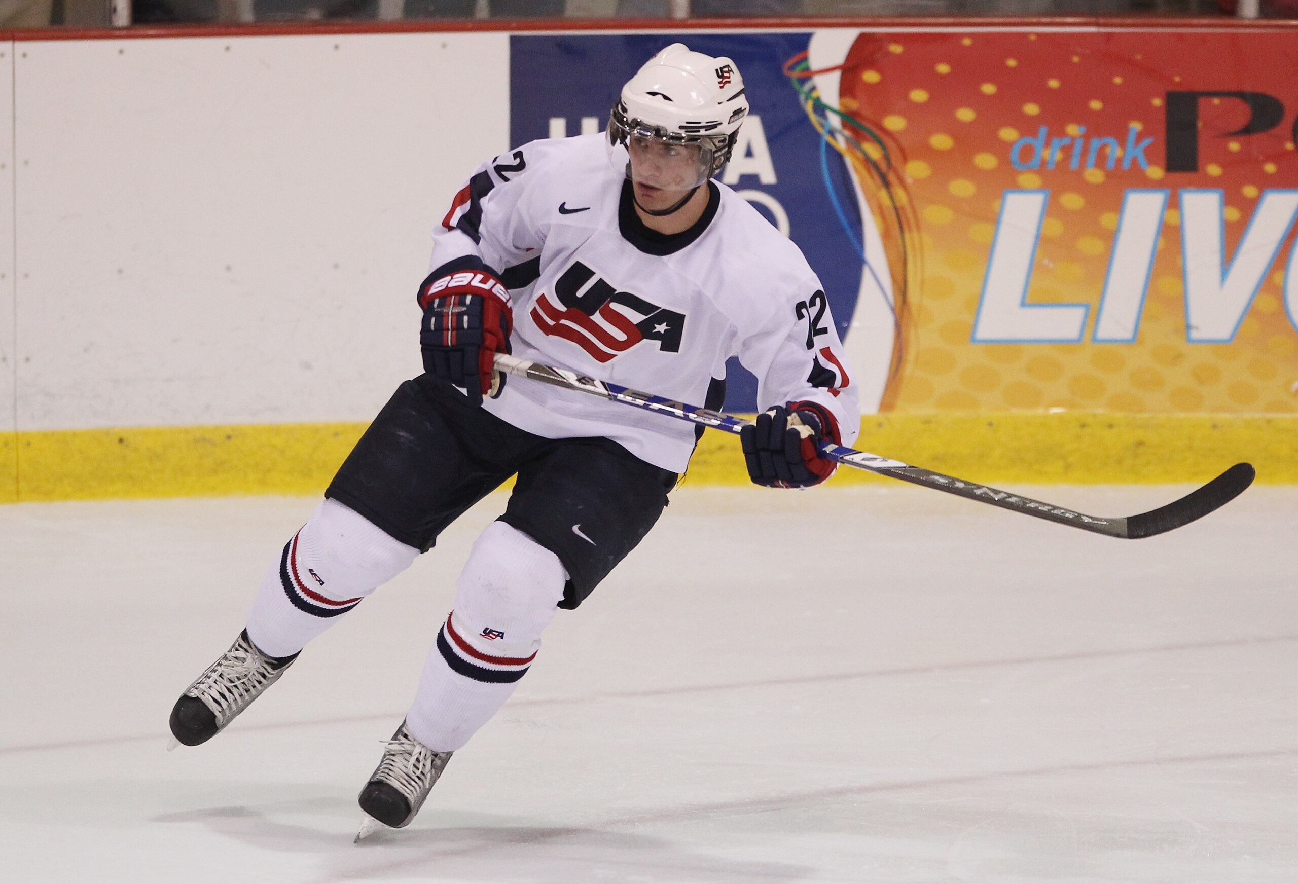 LAKE PLACID, NY - AUGUST 04:  Brandon Saad #22 of Team USA skates against Team Finland at the USA Hockey National Evaluation Camp on August 4, 2010 in Lake Placid, New York. The USA defeated Finland 6-3.  (Photo by Bruce Bennett/Getty Images)