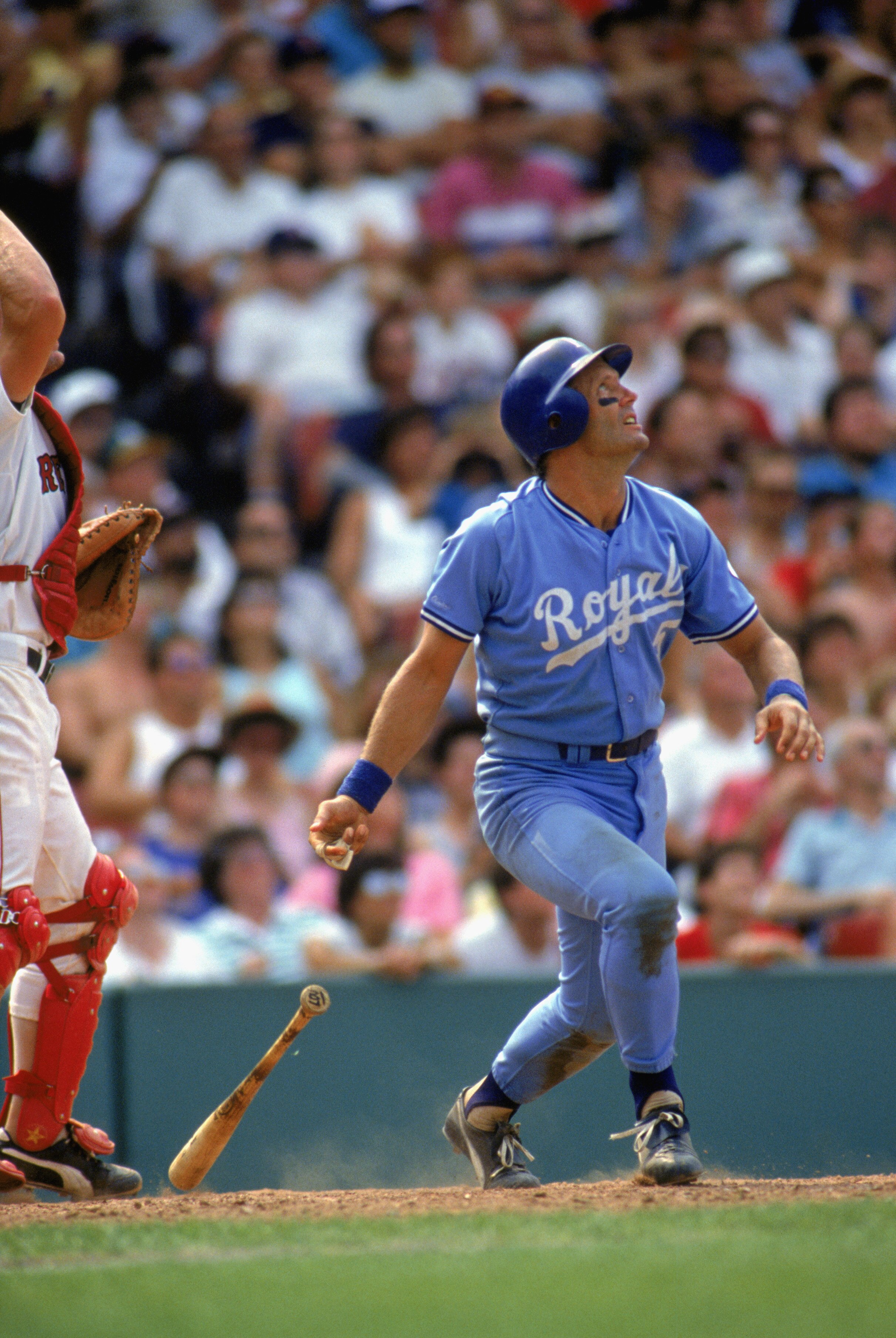 1988:  George Brett of the Kansas City Royals follows the hit during a MLB game in the 1988 season. (Photo by: Rick Stewart/Getty Images)