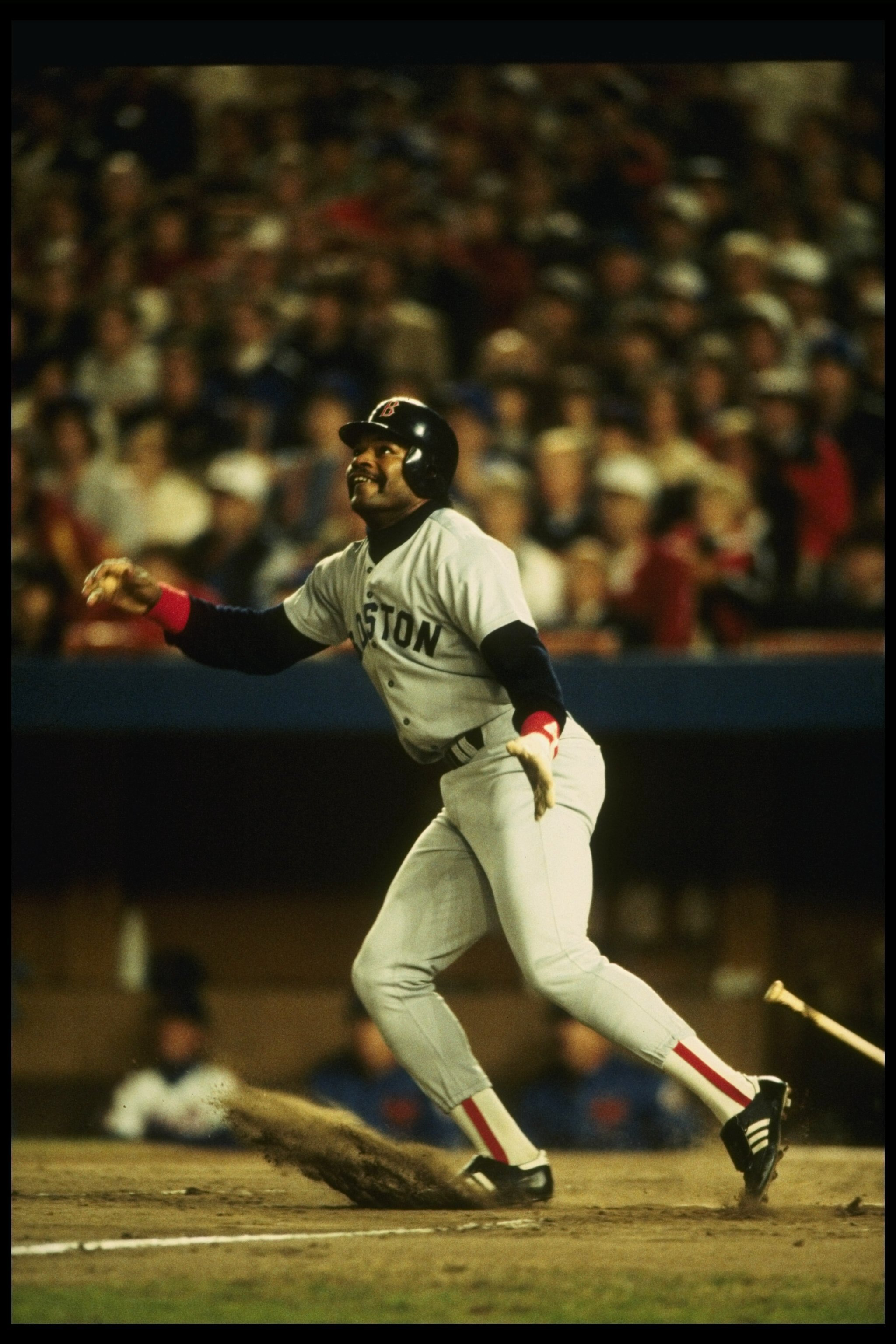 27 Oct 1986:  Dave Henderson makes contact with a pitch during the Red Sox 8-5 loss to the New York Mets in game 7 of the World Series at Shea Stadium in Flushing, New York.  The Mets won the series 4 games to 3. Mandatory Credit: T. G. Higgins  /Allsport