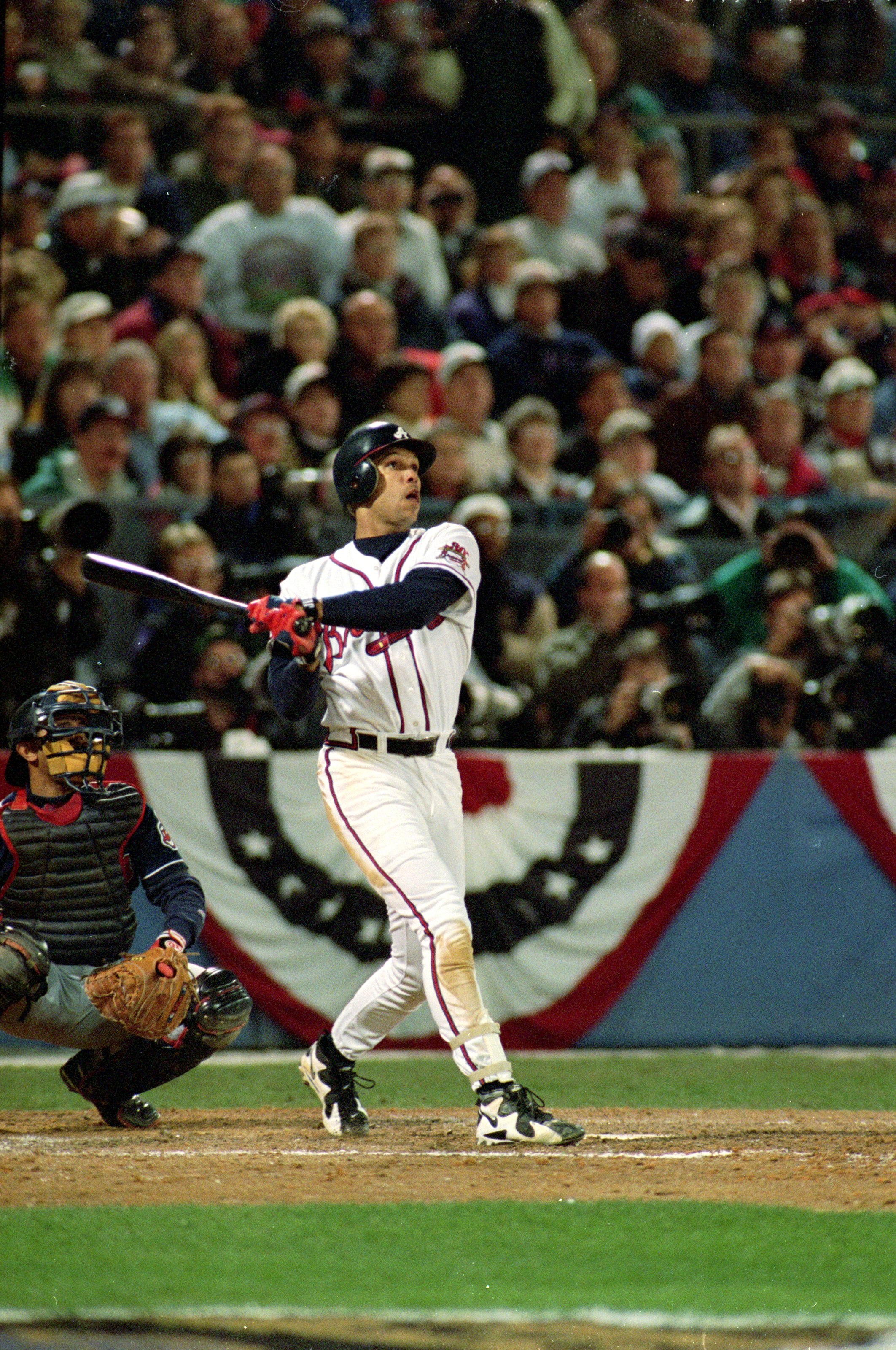 28 Oct 1995: David Justice #23 of the Atlanta Braves hits the ball during game six of the World Series against the Cleveland Indians  at the Fulton County Stadium in Atlanta, Georgia. The Braves defeated the Indians 1-0. Mandatory Credit: Otto Greule Jr.