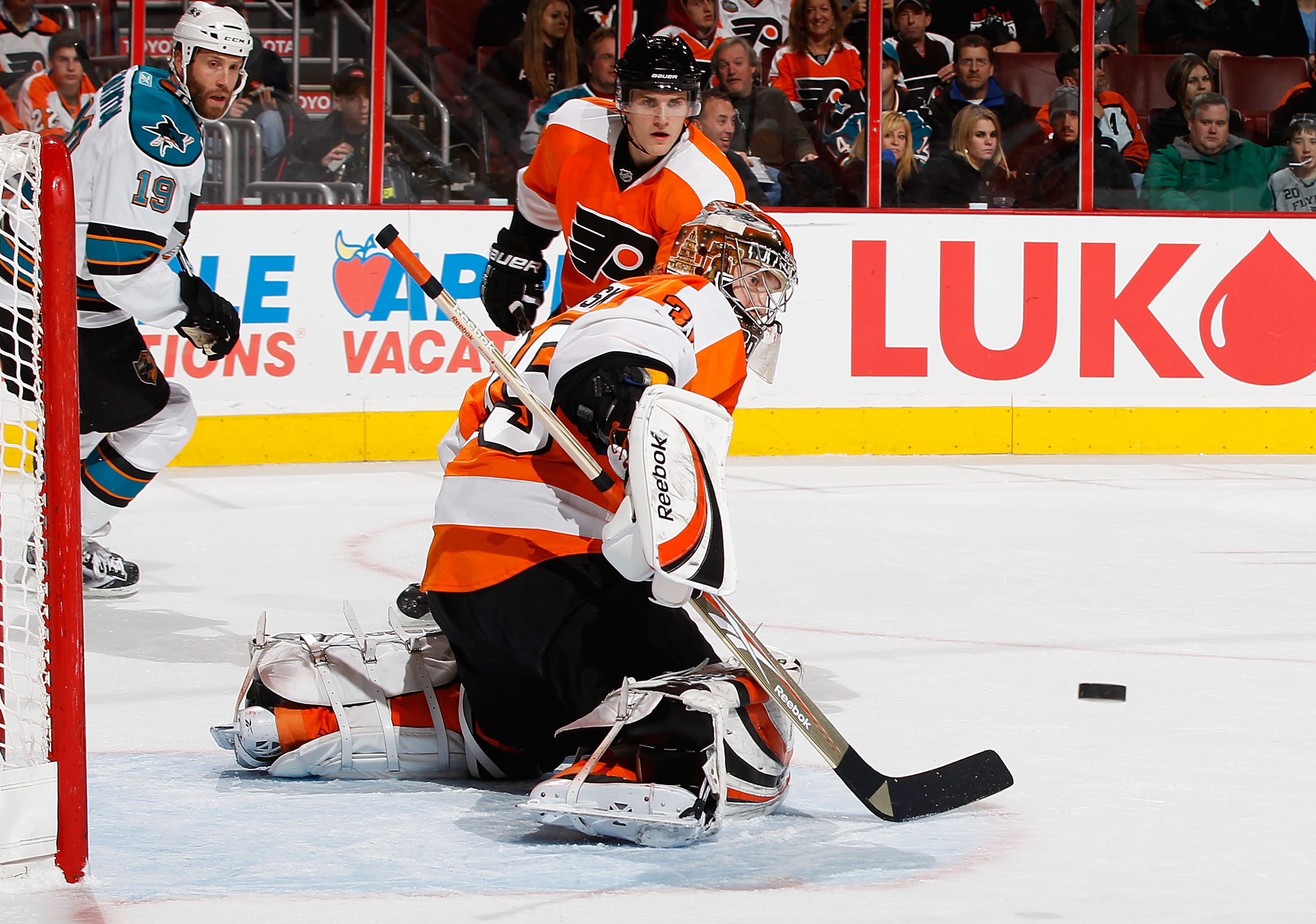 PHILADELPHIA - DECEMBER 08:  Sergei Bobrovsky #35 of the Philadelphia Flyers makes a stick save against the San Jose Sharks on December 8, 2010 at the Wells Fargo Center in Philadelphia, Pennsylvania. Sharks defeat the Flyers 5-4 in a shootout.  (Photo by
