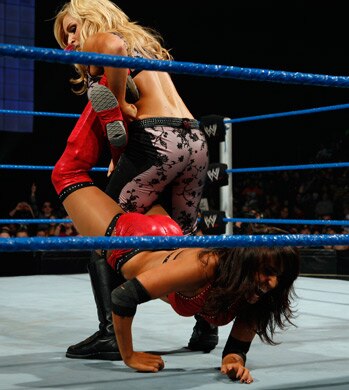 Layla locked in the Sharpshooter, photo copyright to WWE.com