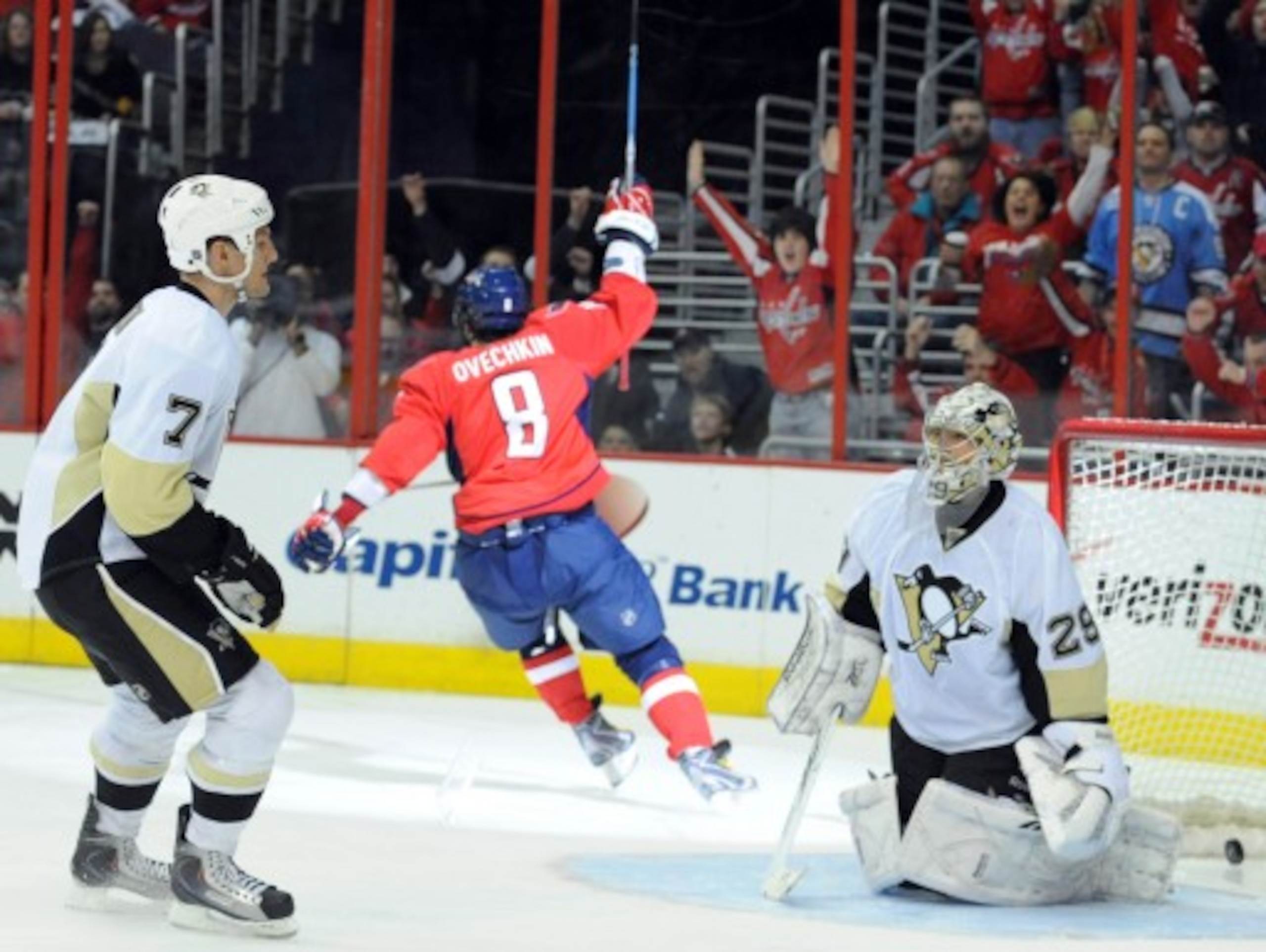 Ovechkin scores one of his three goals in a Super Bowl Sunday win