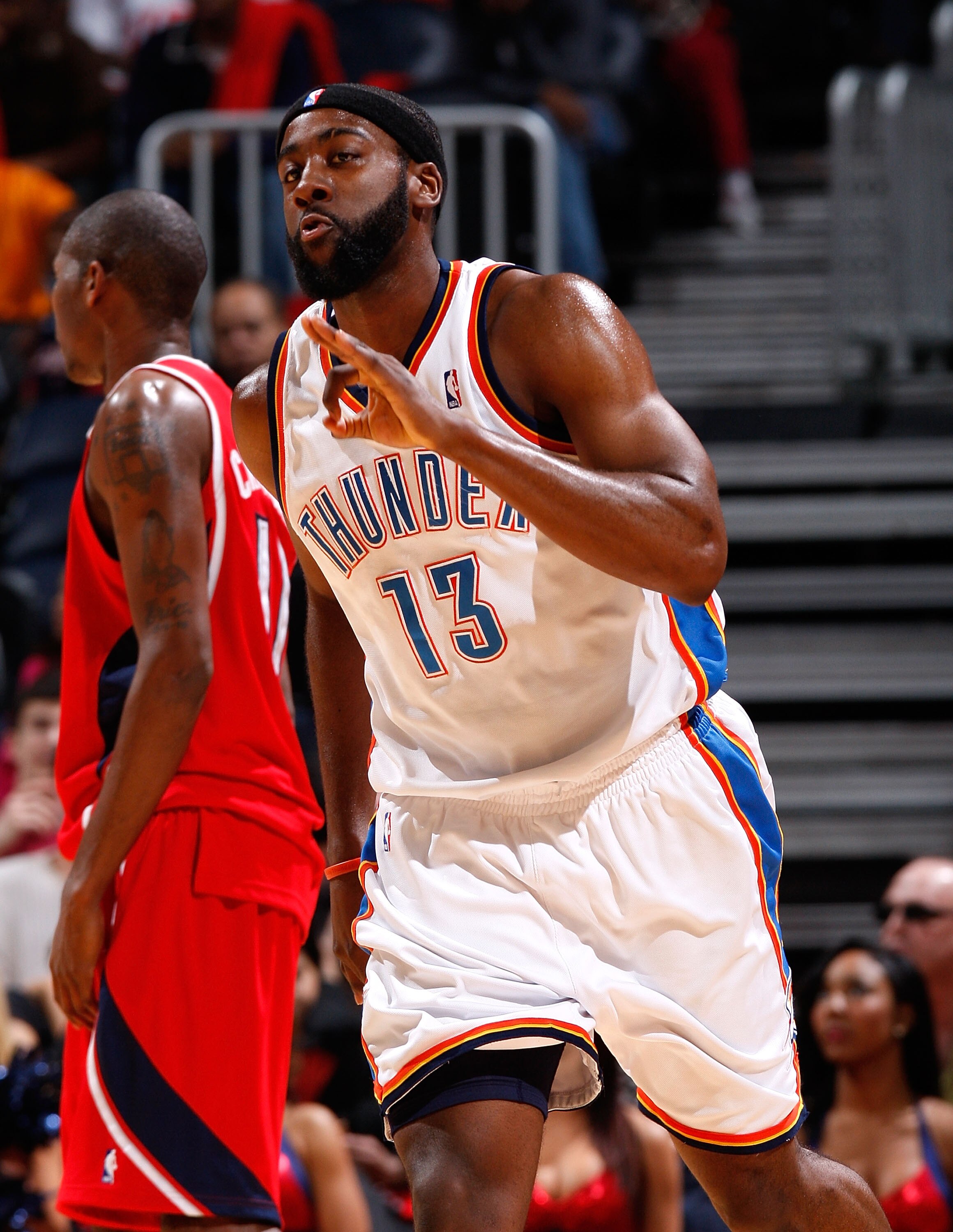 ATLANTA - JANUARY 18:  James Harden #13 of the Oklahoma City Thunder reacts after hitting a three-point basket against the Atlanta Hawks at Philips Arena on January 18, 2010 in Atlanta, Georgia.  NOTE TO USER: User expressly acknowledges and agrees that,