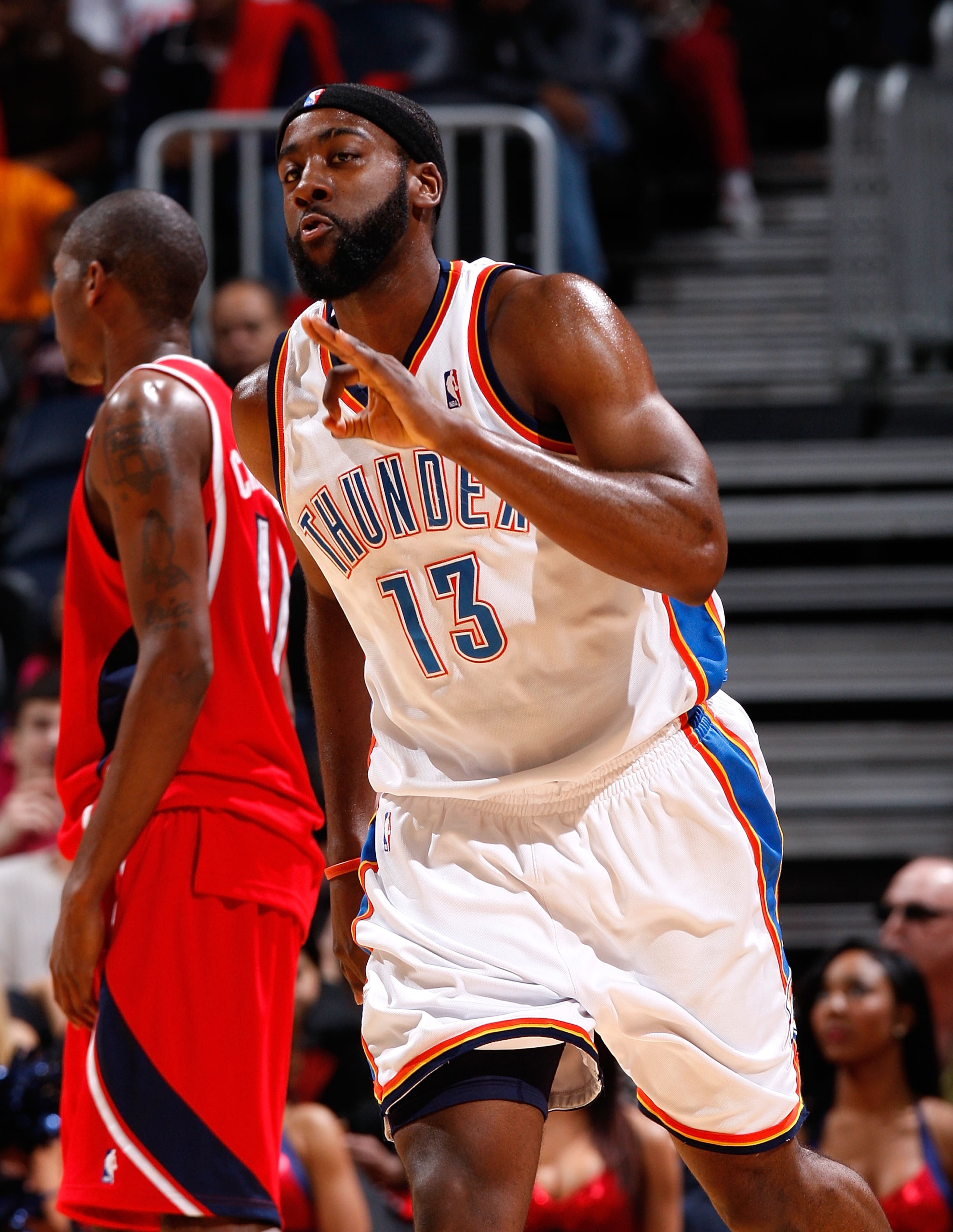 ATLANTA - JANUARY 18:  James Harden #13 of the Oklahoma City Thunder reacts after hitting a three-point basket against the Atlanta Hawks at Philips Arena on January 18, 2010 in Atlanta, Georgia.  NOTE TO USER: User expressly acknowledges and agrees that,