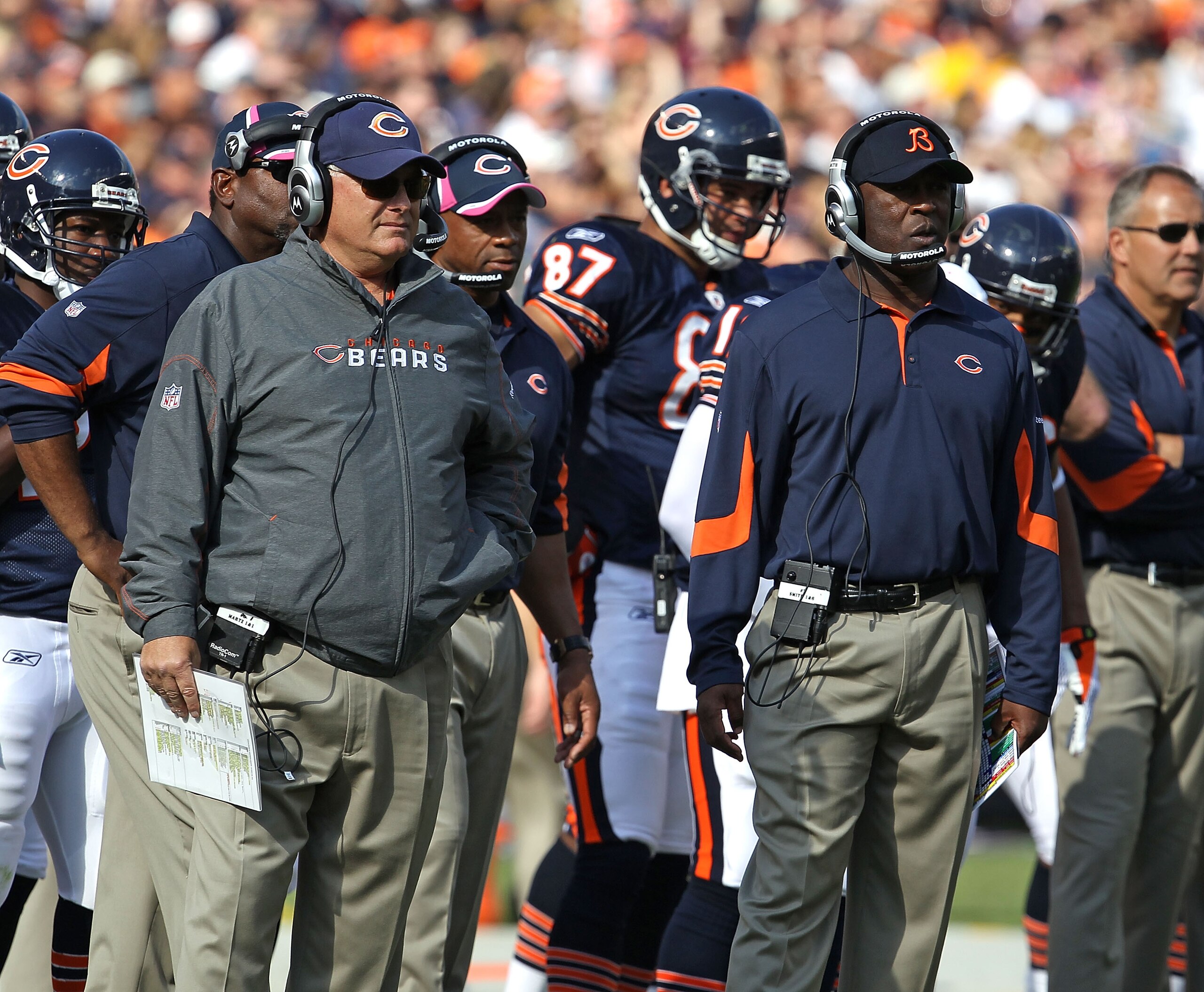 CHICAGO - OCTOBER 24: Offensive coordinator Mike Martz (L) and head coach Lovie Smith of the Chicago Bears watch as their team takes on the Washington Redskins at Soldier Field on October 24, 2010 in Chicago, Illinois. The Redskins defeated the Bears 17-1 CHICAGO - OCTOBER 24: Offensive coordinator Mike Martz (L) and head coach Lovie Smith of the Chicago Bears watch as their team takes on the Washington Redskins at Soldier Field on October 24, 2010 in Chicago, Illinois. The Redskins defeated the Bears 17-1