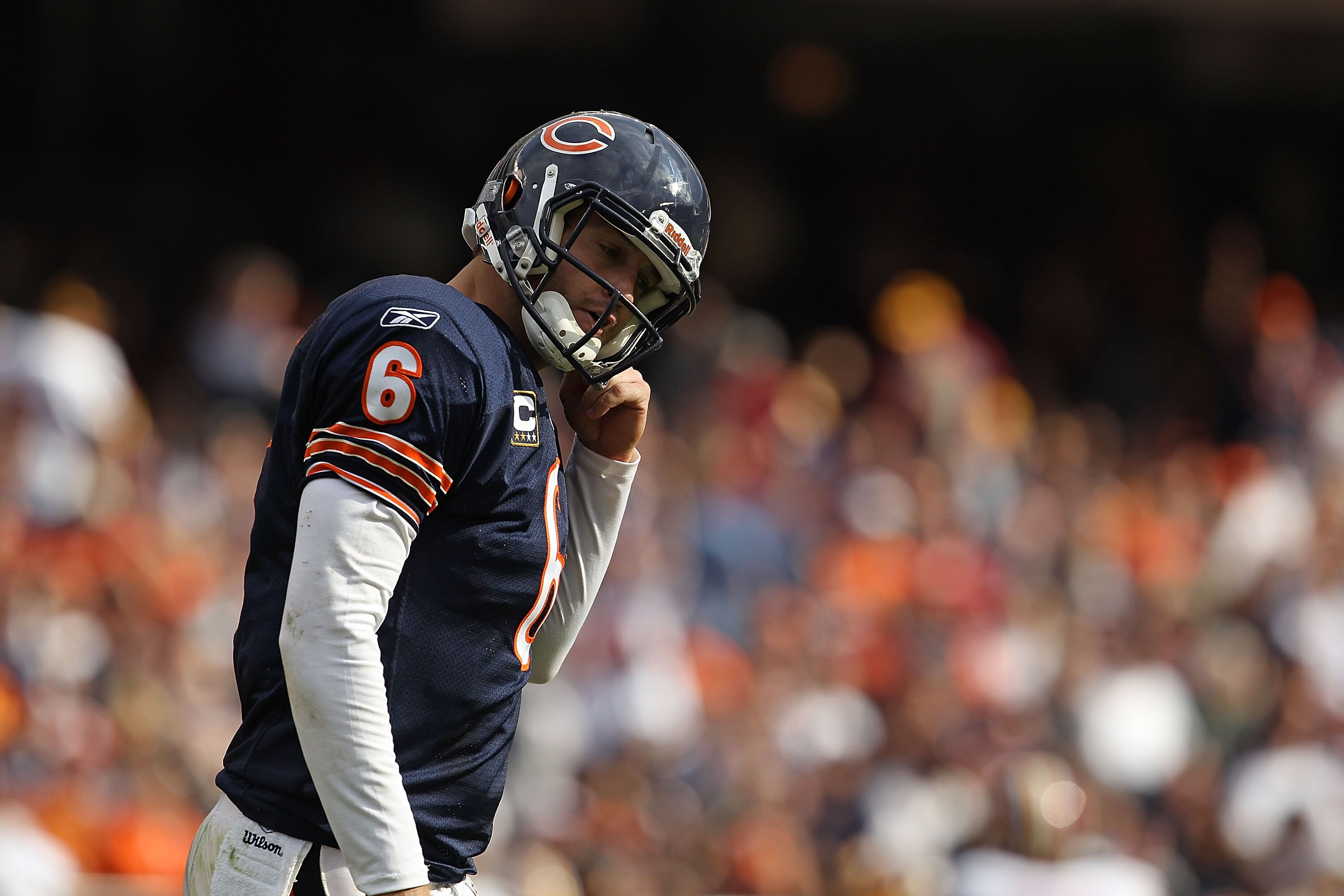CHICAGO - OCTOBER 24: Jay Cutler #6 of the Chicago Bears walks off the field after throwing an interception against the Washington Redskins at Soldier Field on October 24, 2010 in Chicago, Illinois. The Redskins defeated the Bears 17-14. (Photo by Jonatha