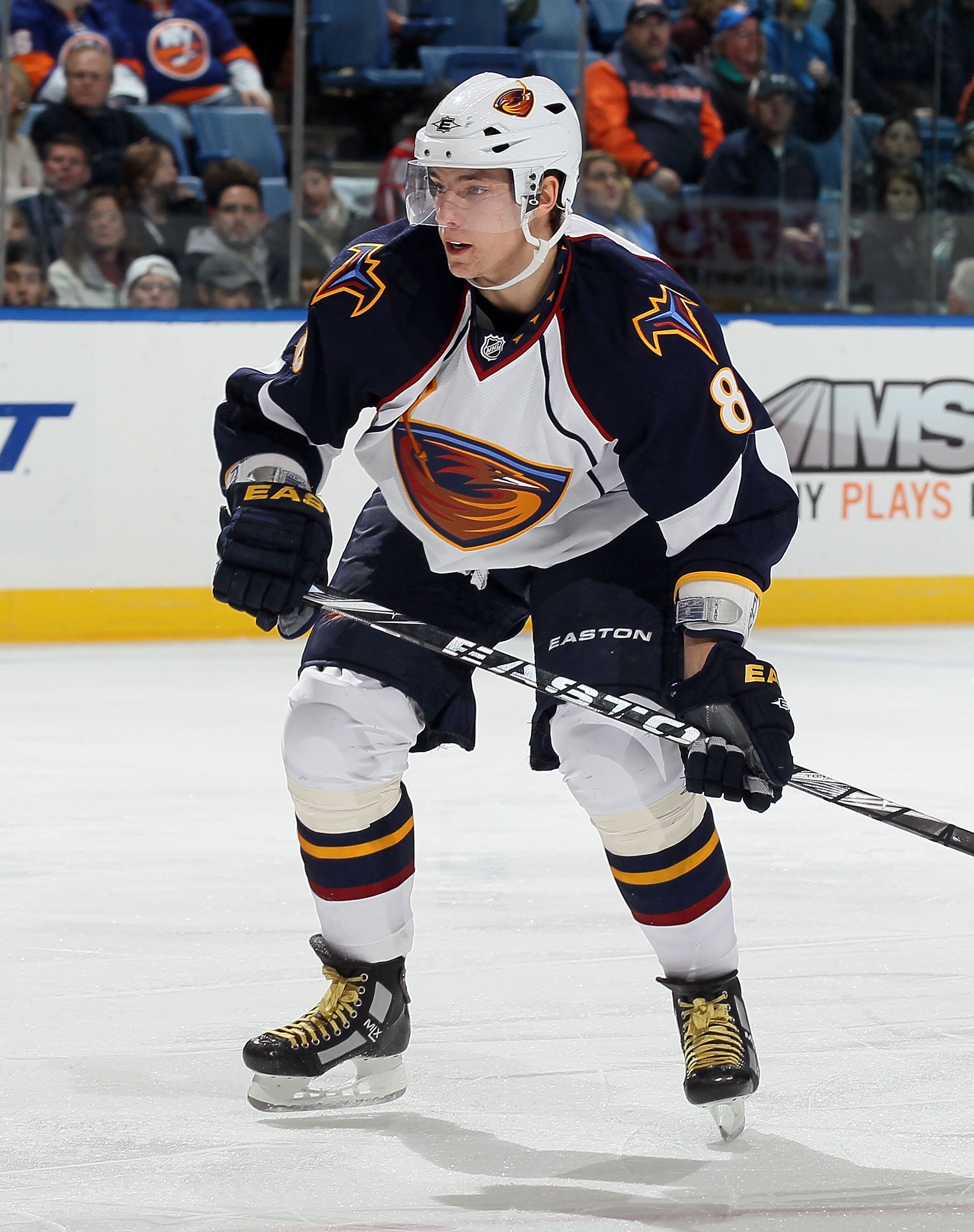 UNIONDALE, NY - DECEMBER 11:  Alexander Burmistrov #8 of the Atlanta Thrashers skates against the New York Islanders on December 11, 2010 at Nassau Coliseum in Uniondale, New York. The Thrashers defeated the Isles 5-4.  (Photo by Jim McIsaac/Getty Images)
