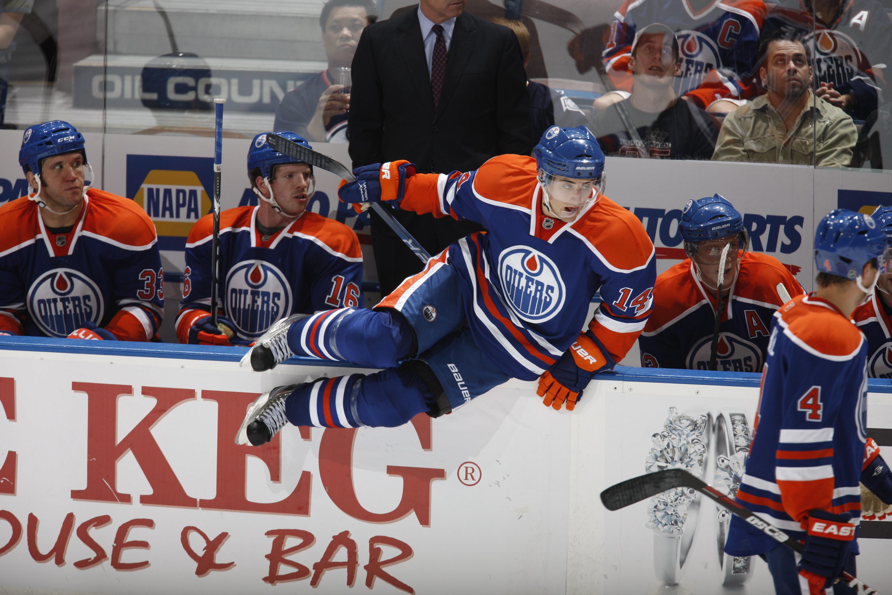 EDMONTON, CANADA - OCTOBER 7: Jordan Eberle #14 of the Edmonton Oilers jumps onto the ice against the Calgary Flames on October 7, 2010 at Rexall Place in Edmonton, Alberta, Canada. (Photo by Dale MacMillan/Getty Images)