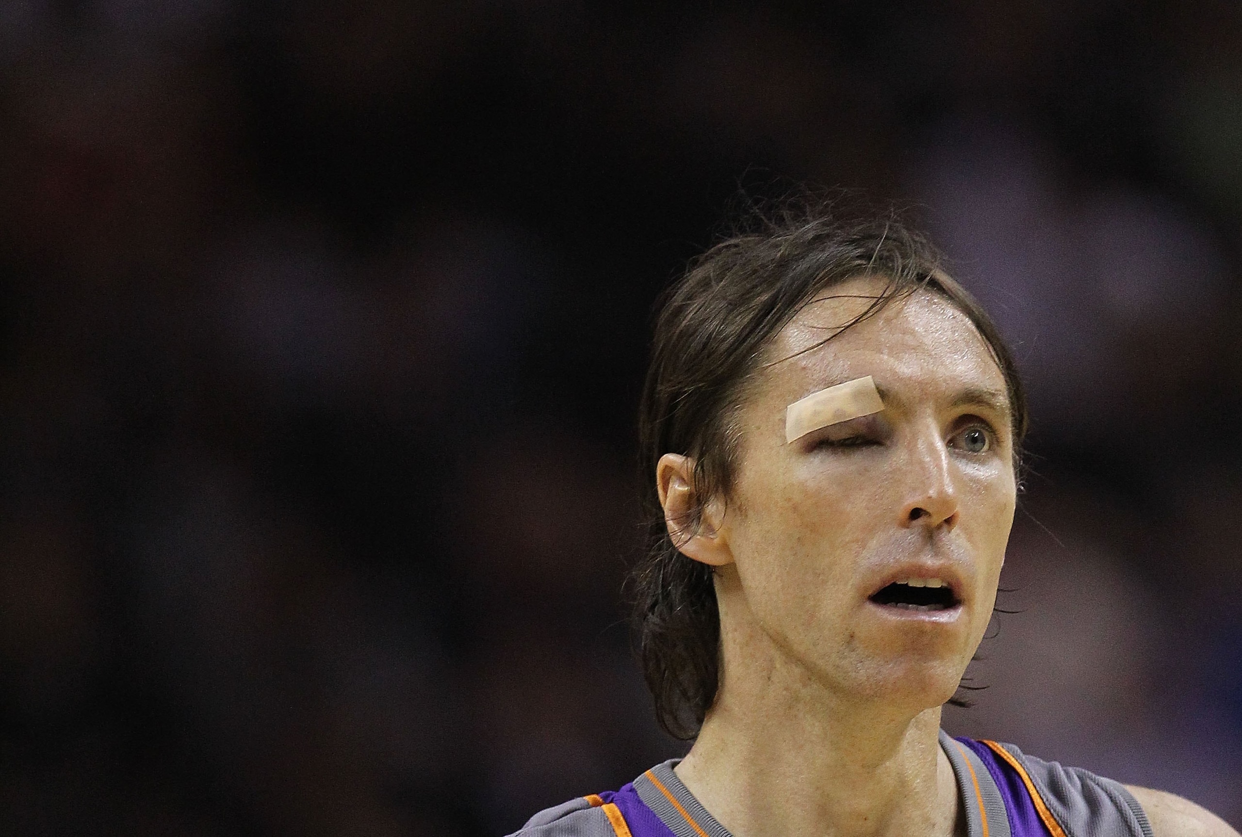 SAN ANTONIO - MAY 09:  Guard Steve Nash #13 of the Phoenix Suns after receiving six stitches to his eye against the San Antonio Spurs in Game Four of the Western Conference Semifinals during the 2010 NBA Playoffs at AT&T Center on May 9, 2010 in San Anton