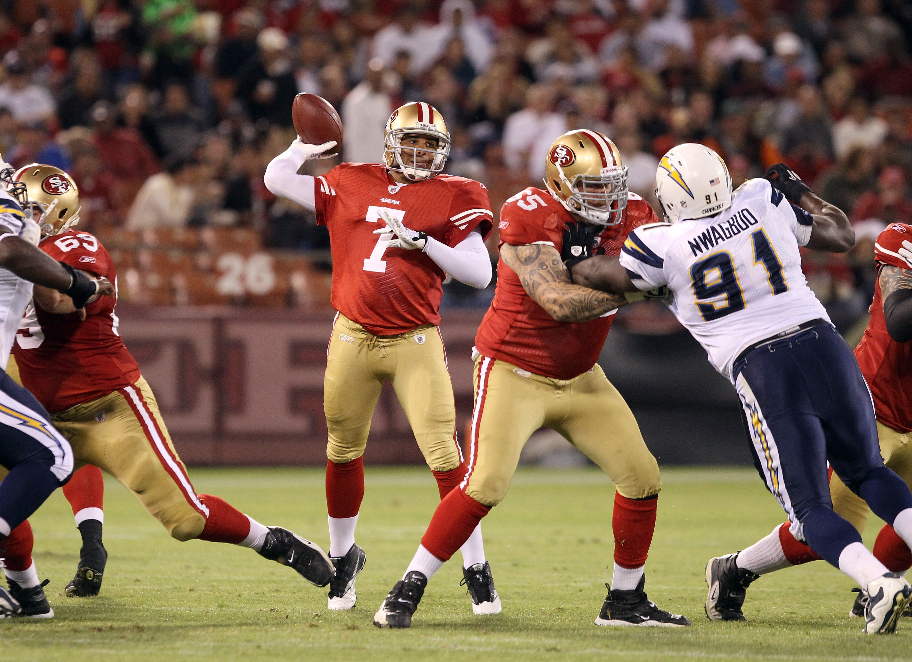 SAN FRANCISCO - SEPTEMBER 02:  Nate Davis #7 of the San Francisco 49ers in action during their game against the San Diego Chargers at Candlestick Park  on September 2, 2010 in San Francisco, California.  (Photo by Ezra Shaw/Getty Images)