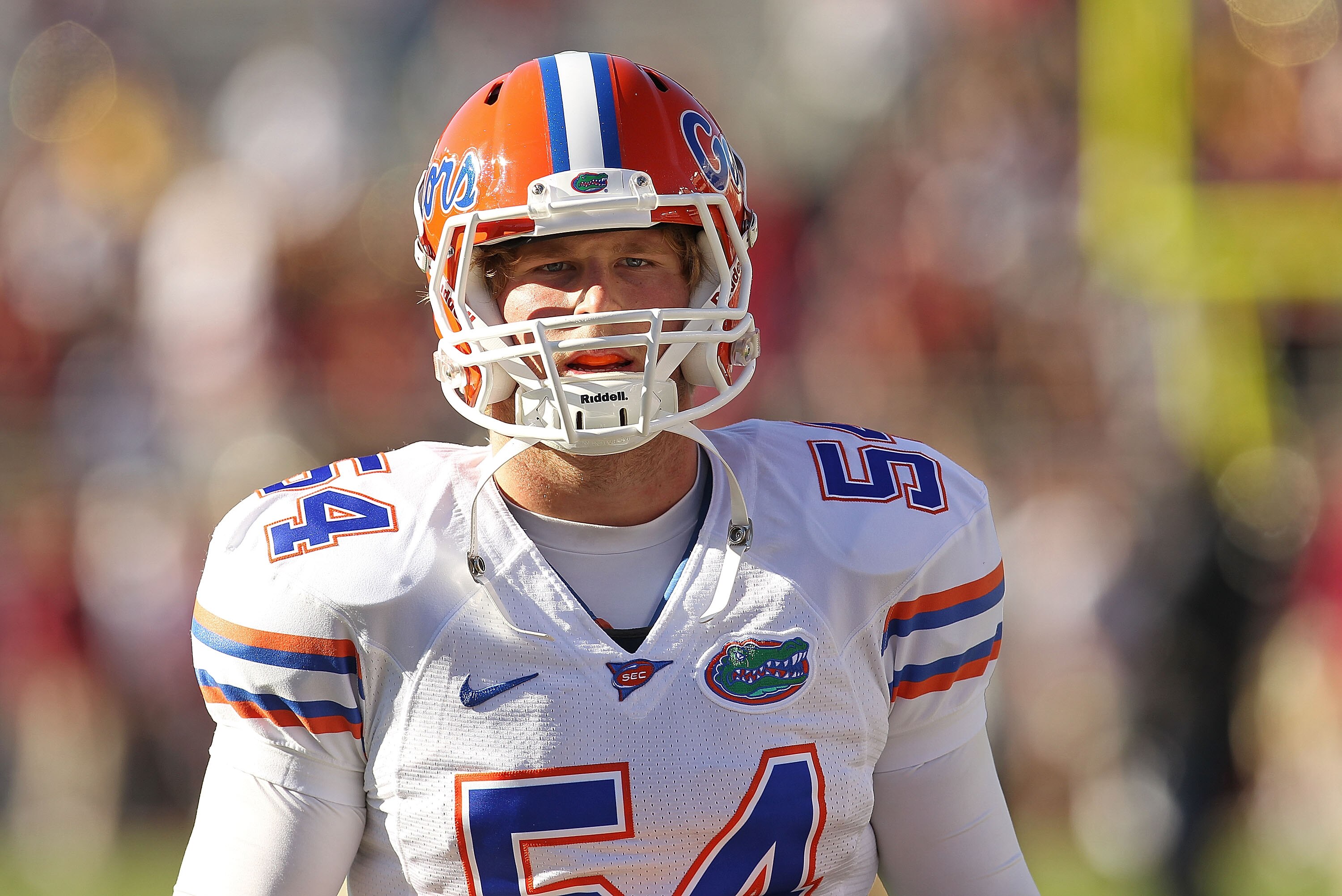 TALLAHASSEE, FL - NOVEMBER 27: Christoper Guido #54  of the Florida Gators warms up before a game against the Florida State Seminoles  at Doak Campbell Stadium on November 27, 2010 in Tallahassee, Florida.  (Photo by Mike Ehrmann/Getty Images)