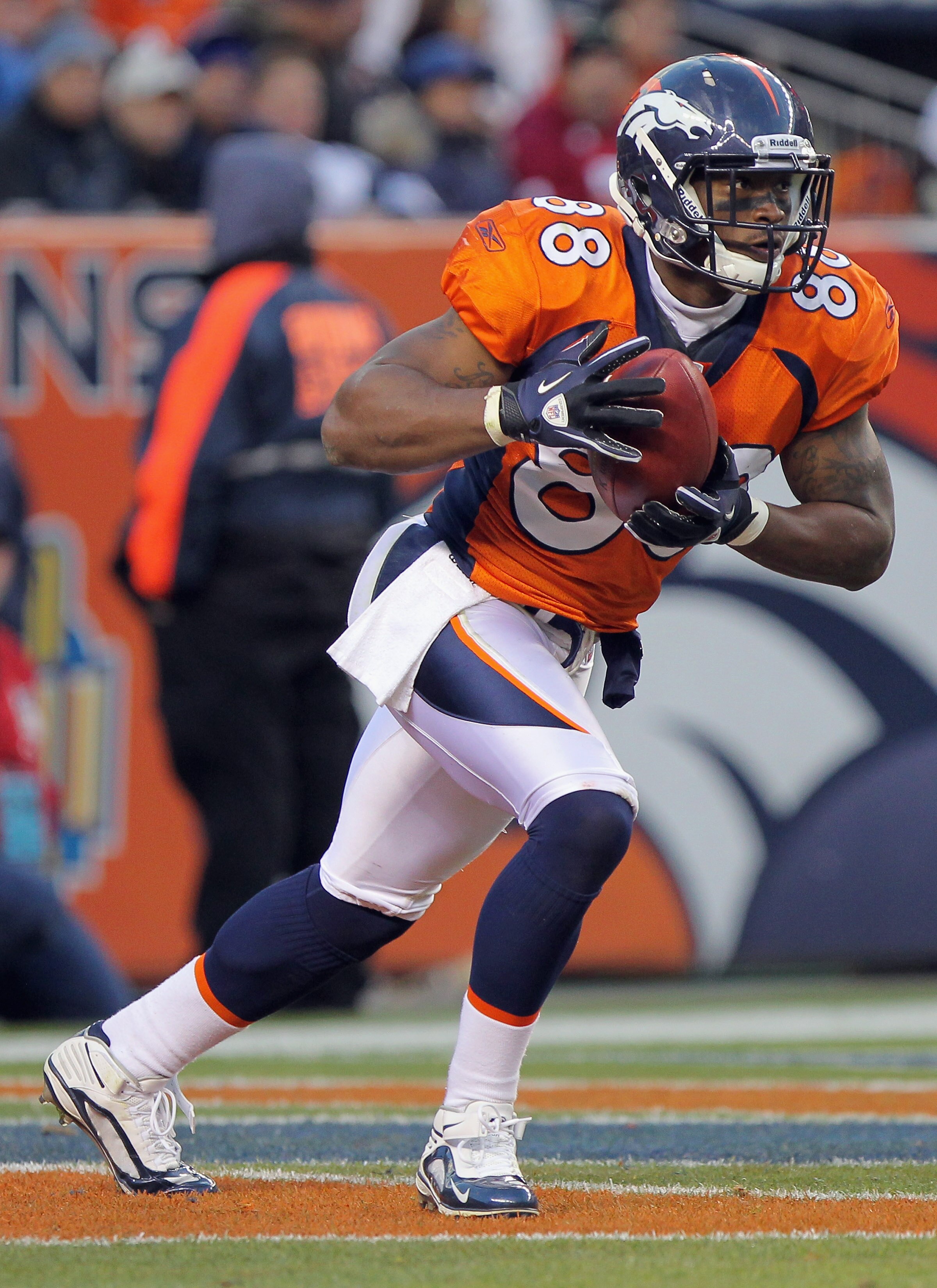 DENVER - NOVEMBER 14:  Demaryius Thomas #88 of the Denver Broncos receives a kick off against the Kansas City Chiefs at INVESCO Field at Mile High on November 14, 2010 in Denver, Colorado. The Broncos defeated the Chiefs 49-29.  (Photo by Doug Pensinger/G