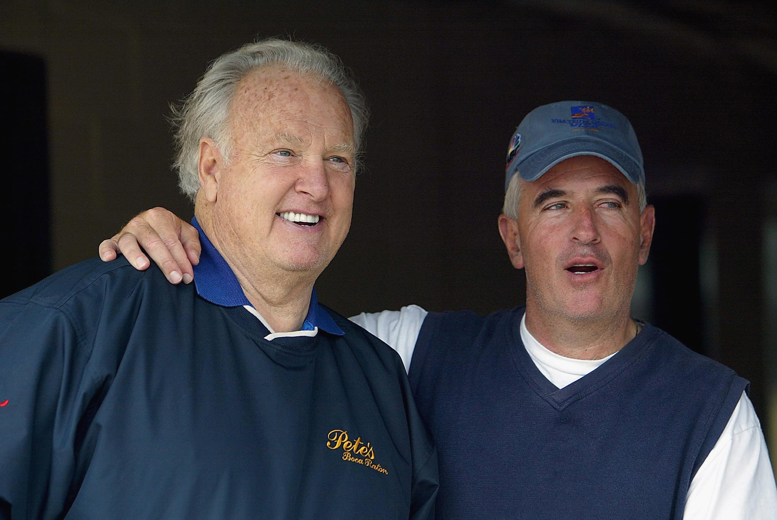 LOUISVILLE, KY - APRIL 30:  Former Heisman trophy winner Paul Hornung talks with former Kentucky Derby-winning trainer Nick Zito during morning workouts for the 129th Kentucky Derby on April 30, 2003 at Churchill Downs in Louisville, Kentucky.  (Photo by