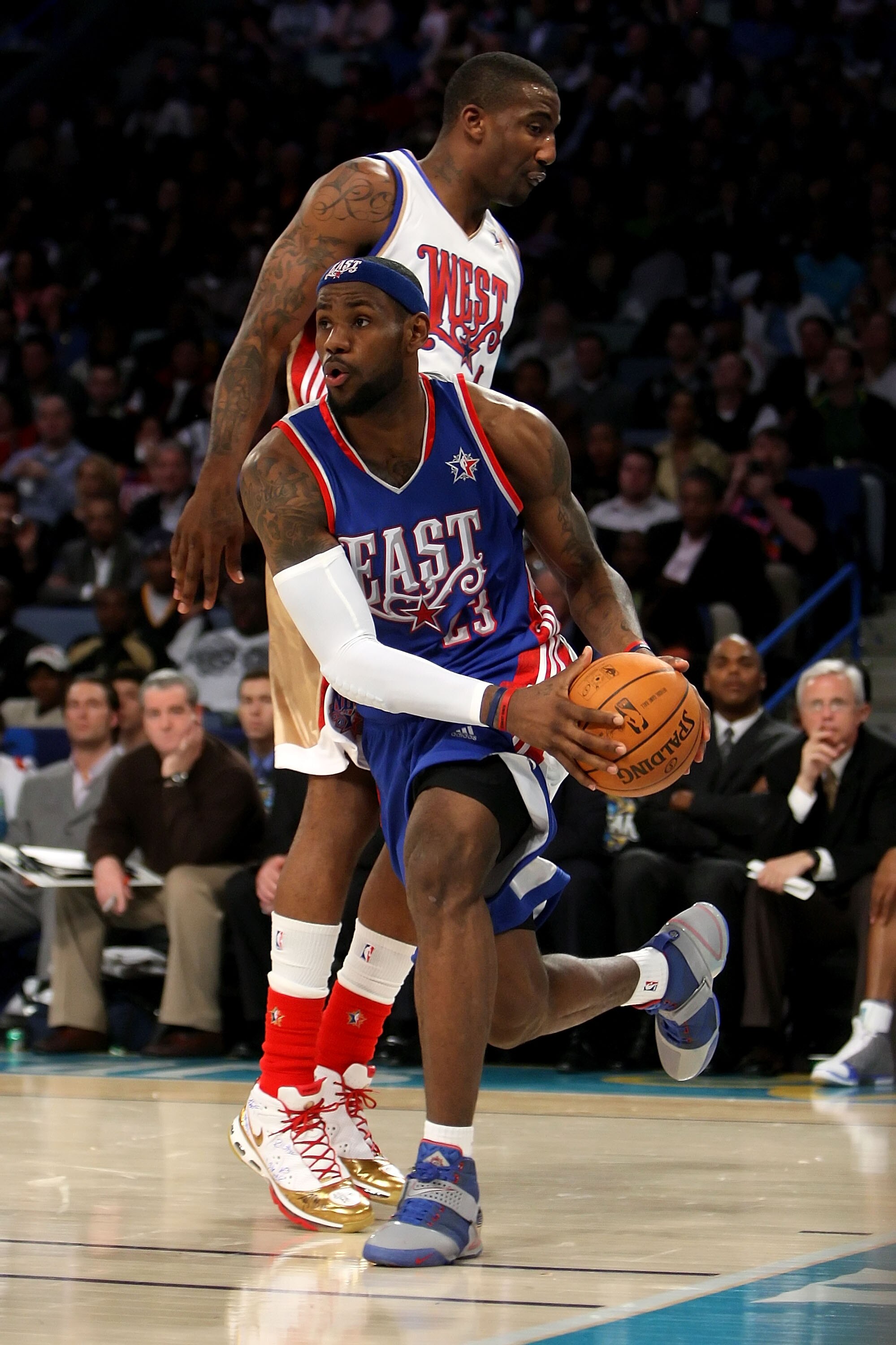 NEW ORLEANS - FEBRUARY 17:  LeBron James #23 of the Eastern Conference drives to the basket past Amare Stoudemire #1 of the Western Conference during the 57th NBA All-Star Game, part of 2008 NBA All-Star Weekend at the New Orleans Arena on February 17, 20