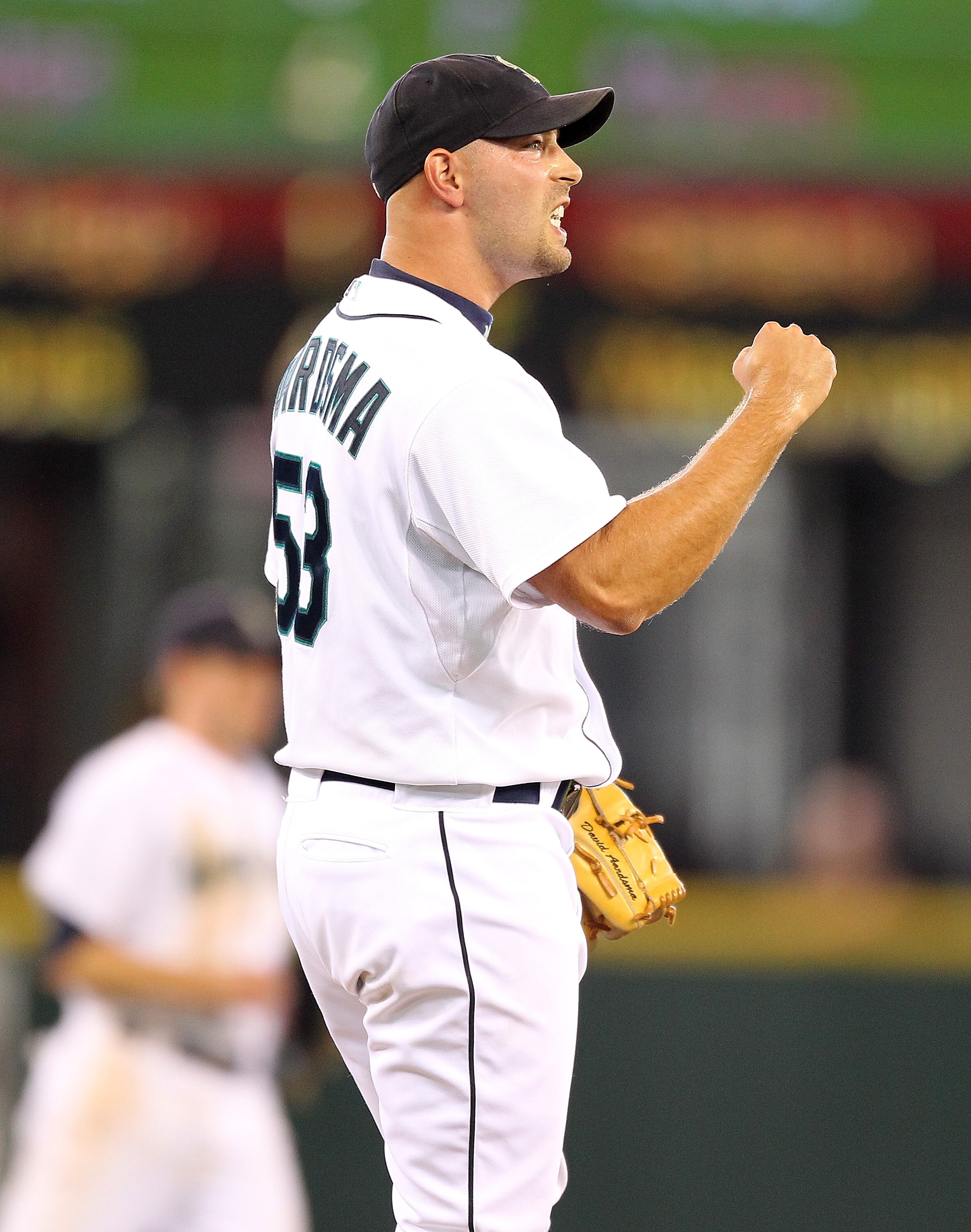 SEATTLE - SEPTEMBER 19:  Closing pitcher David Aardsma #53 of the Seattle Mariners reacts after defeating the Texas Rangers 2-1 at Safeco Field on September 19, 2010 in Seattle, Washington. (Photo by Otto Greule Jr/Getty Images)