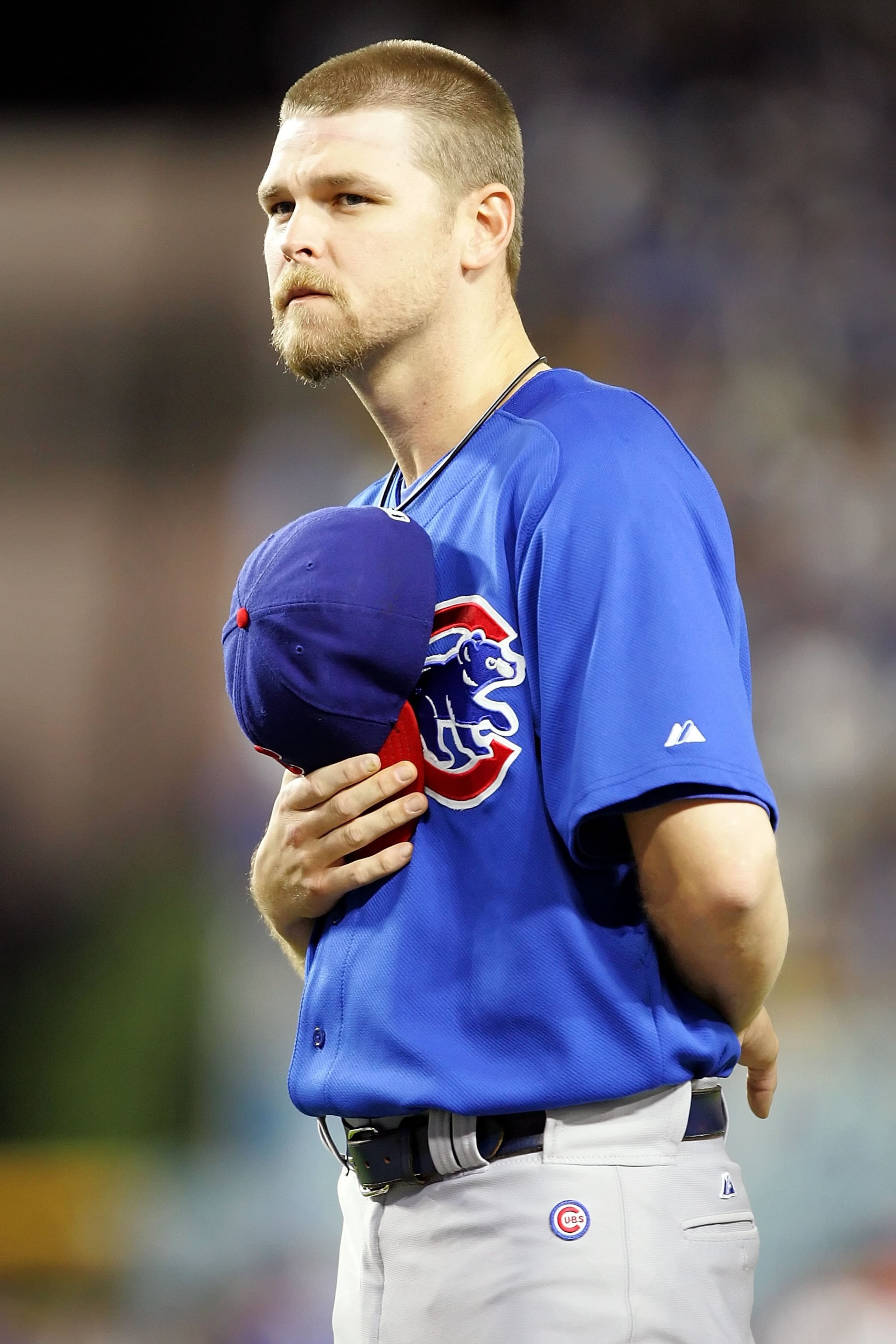 LOS ANGELES, CA - OCTOBER 04:  Kerry Wood #34 of the Chicago Cubs looks on during pregame introductions before taking on the Los Angeles Dodgers in Game Three of the NLDS during the 2008 MLB playoffs on October 4, 2008 at Dodger Stadium in Los Angeles, Ca