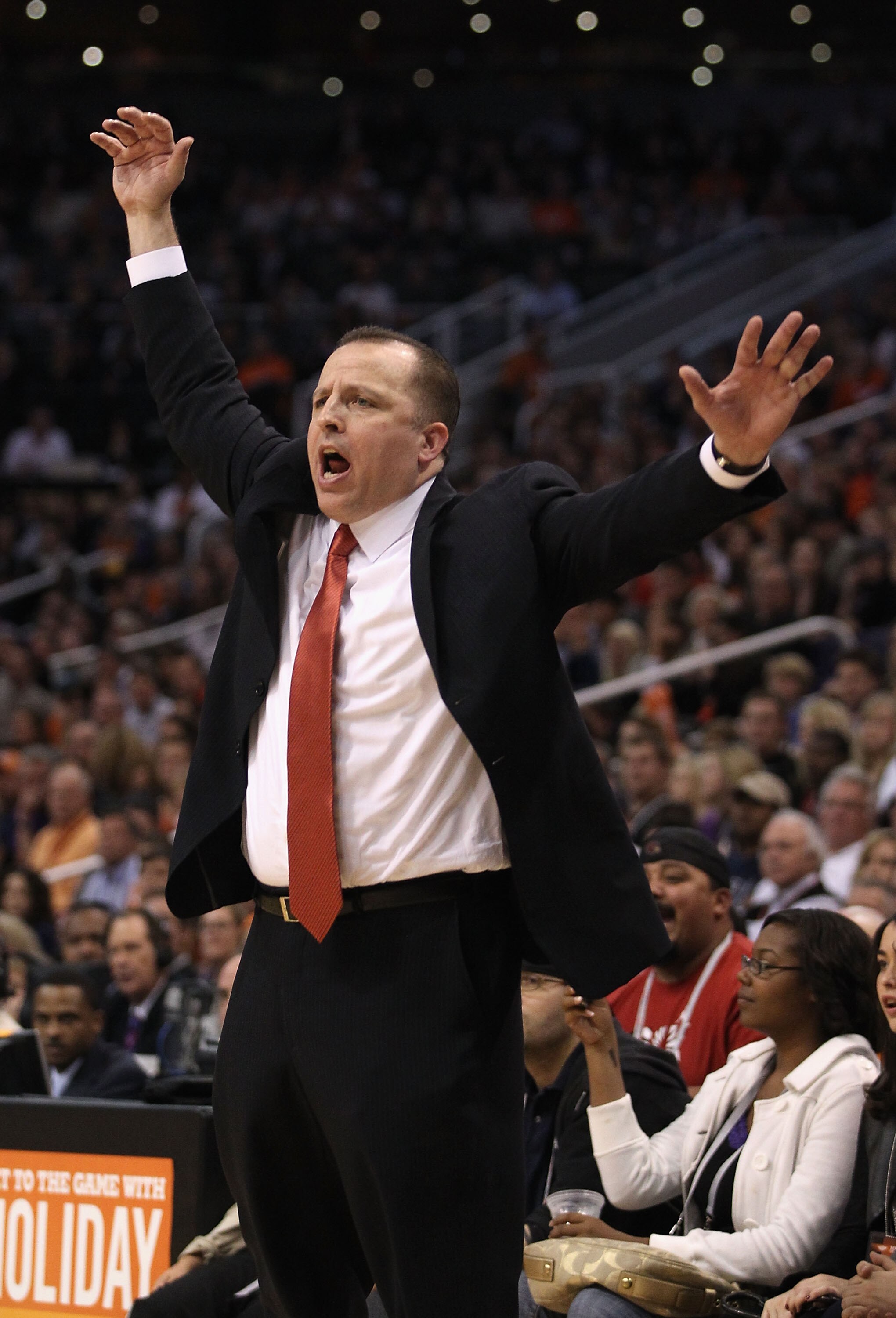 PHOENIX - NOVEMBER 24:  Head coach Tom Thibodeau of the Chicago Bulls reacts during the NBA game against the Phoenix Suns at US Airways Center on November 24, 2010 in Phoenix, Arizona. The Bulls defeated the Suns 123-115 in double overtime.  NOTE TO USER: