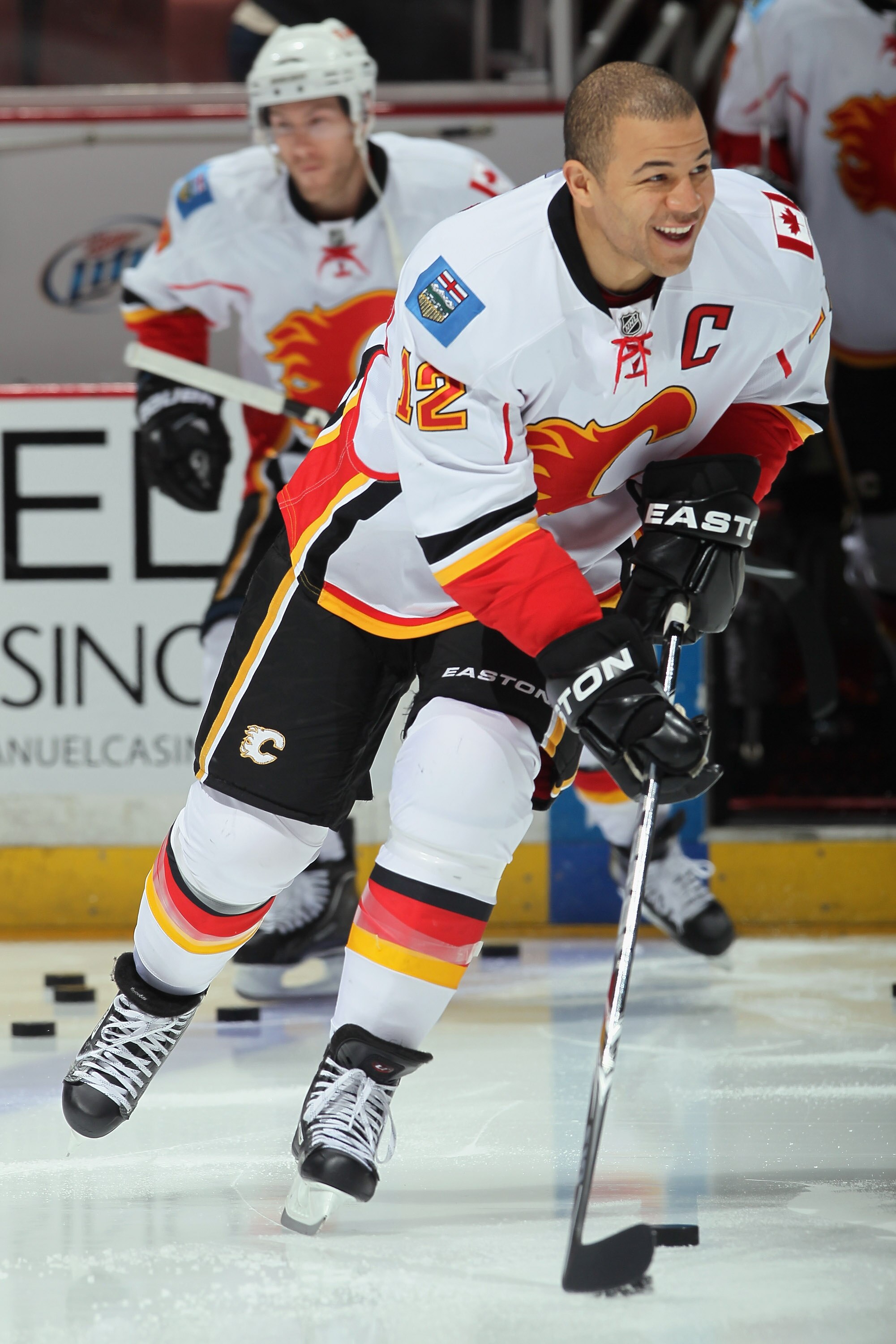 ANAHEIM, CA - DECEMBER 10:  Jerome Iginla #12 of the Calgary Flames skates prior to the start of the game against the Anaheim Ducks at the Honda Center on December 10, 2010 in Anaheim, California.  (Photo by Jeff Gross/Getty Images)