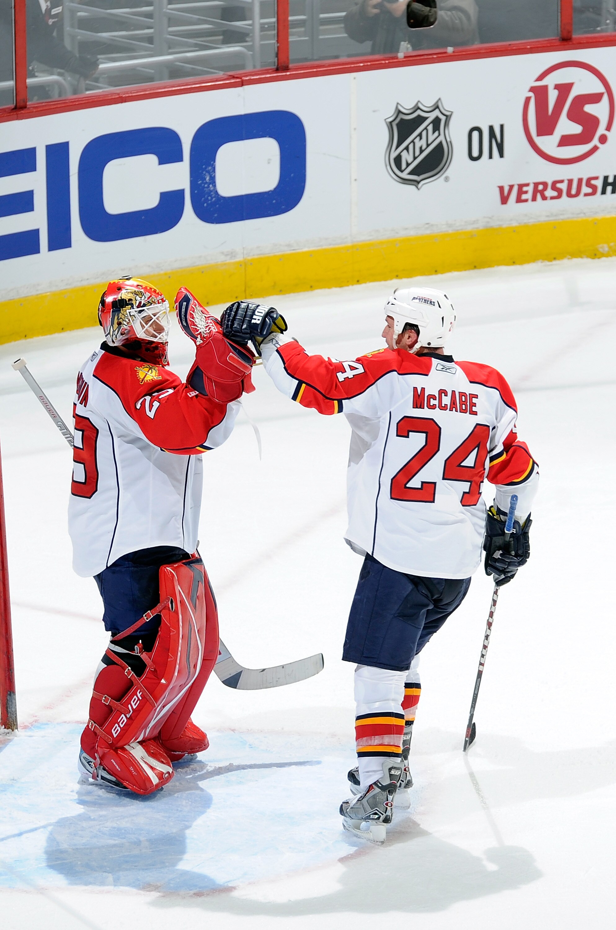 WASHINGTON, DC - DECEMBER 09:  Tomas Vokoun #29 of the Florida Panthers is congratulated by Bryan McCabe #24 after a 3-0 victory over the Washington Capitals at the Verizon Center on December 9, 2010 in Washington, DC.  (Photo by Greg Fiume/Getty Images)