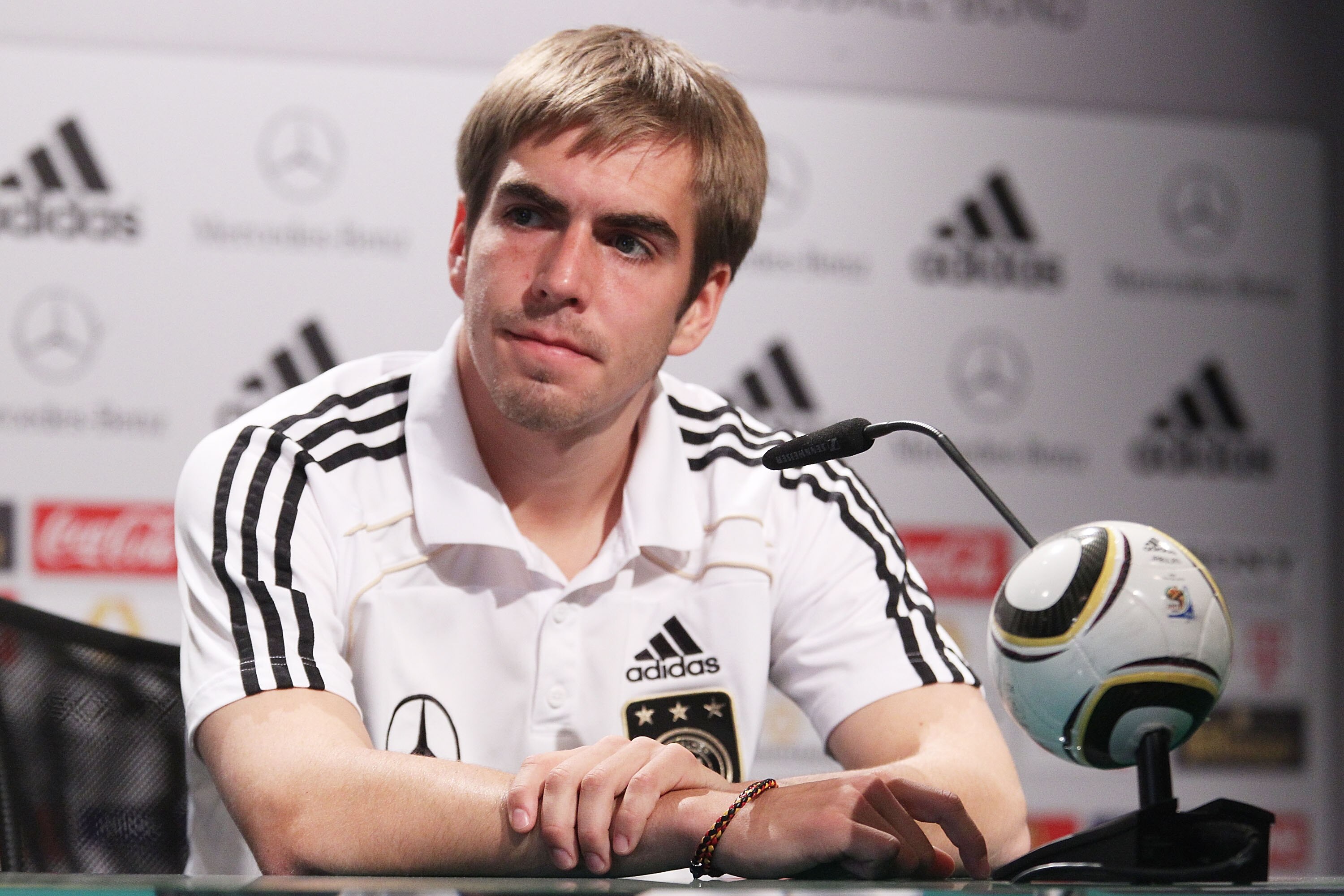 PRETORIA, SOUTH AFRICA - JULY 08:  Philipp Lahm of Germany speaks to the media during a press conference in the media center at the Velmore Grand Hotel on July 8, 2010 in Pretoria, South Africa.  (Photo by Joern Pollex/Getty Images)